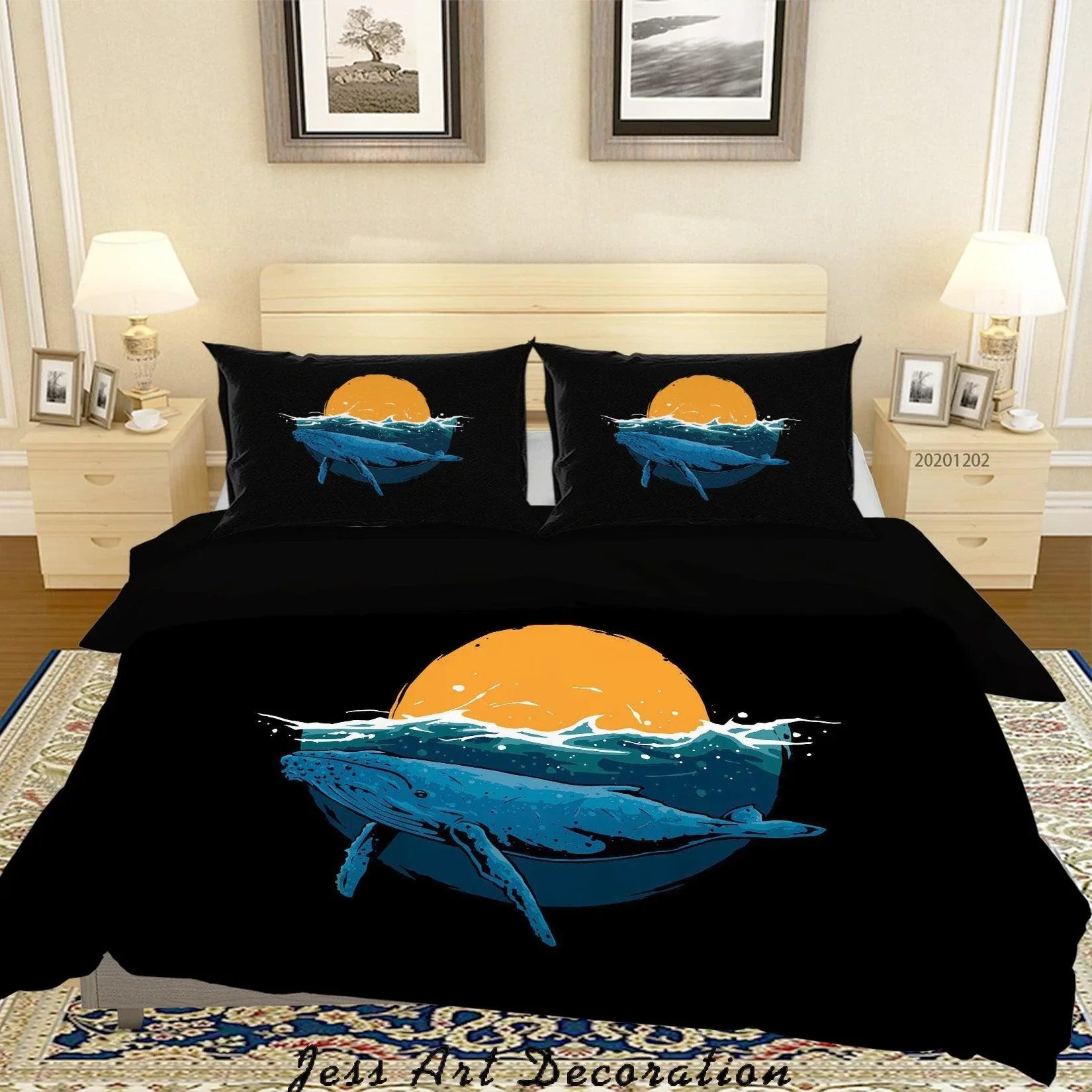 3D Hand Drawn Yellow Full Moon Ocean Blue Whale Quilt Cover Set Bedding Set Duvet Cover Pillowcases LXL- Jess Art Decoration