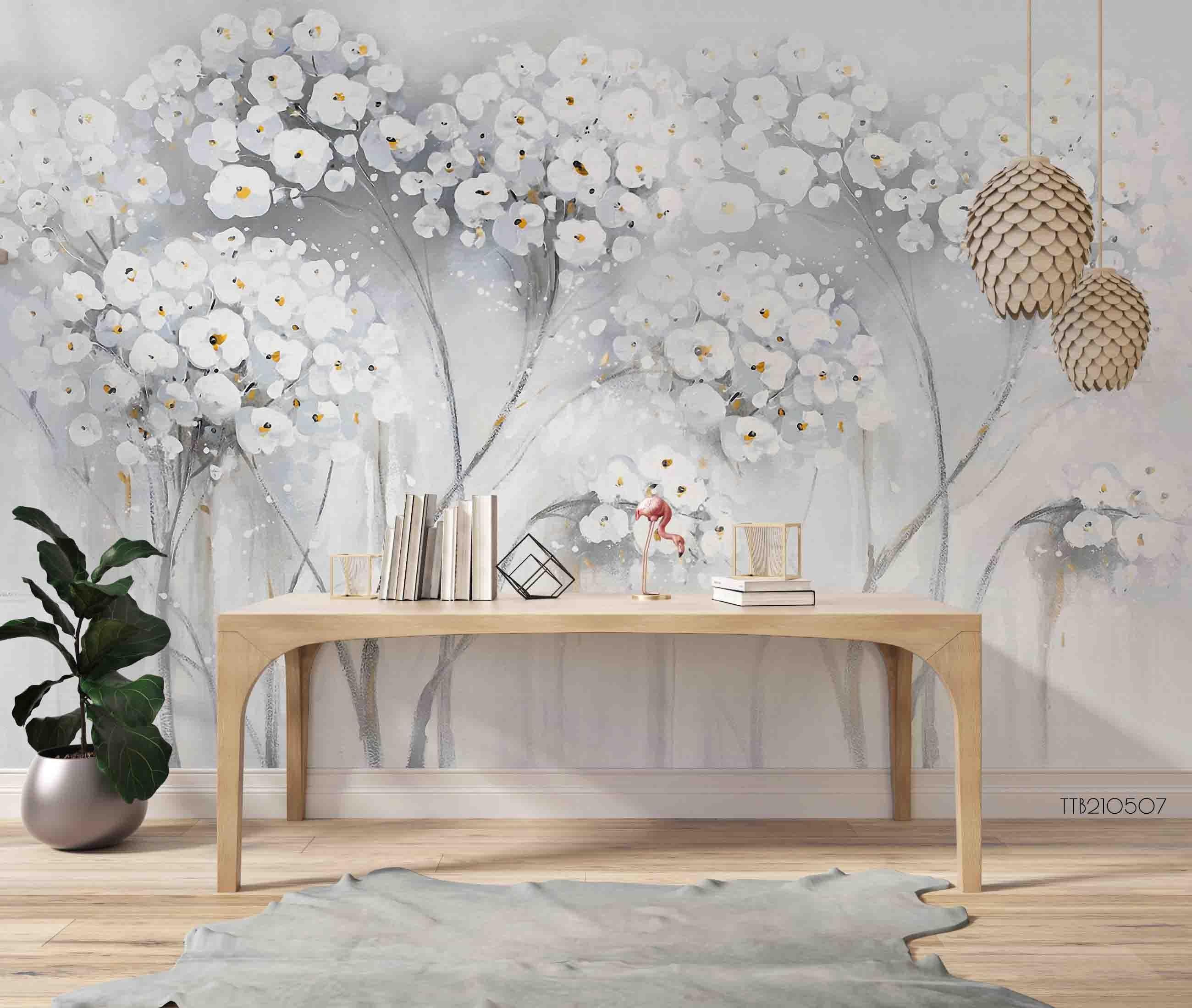 3D Hand Drawn White Floral Wall Mural Wallpaper LQH 60- Jess Art Decoration