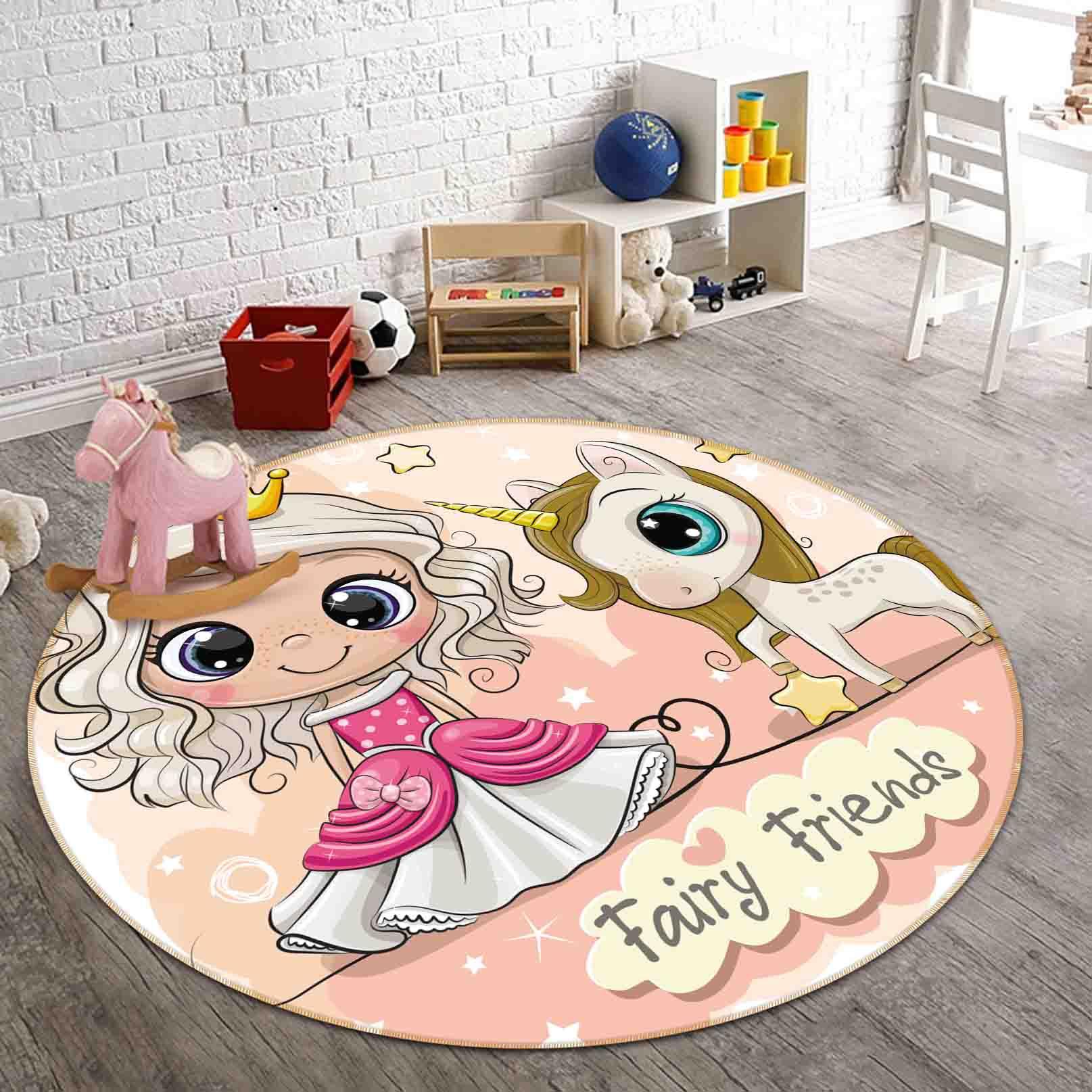 3D Cartoon Girls Unicorn Kids Non-Slip Round Rug Mat 64- Jess Art Decoration