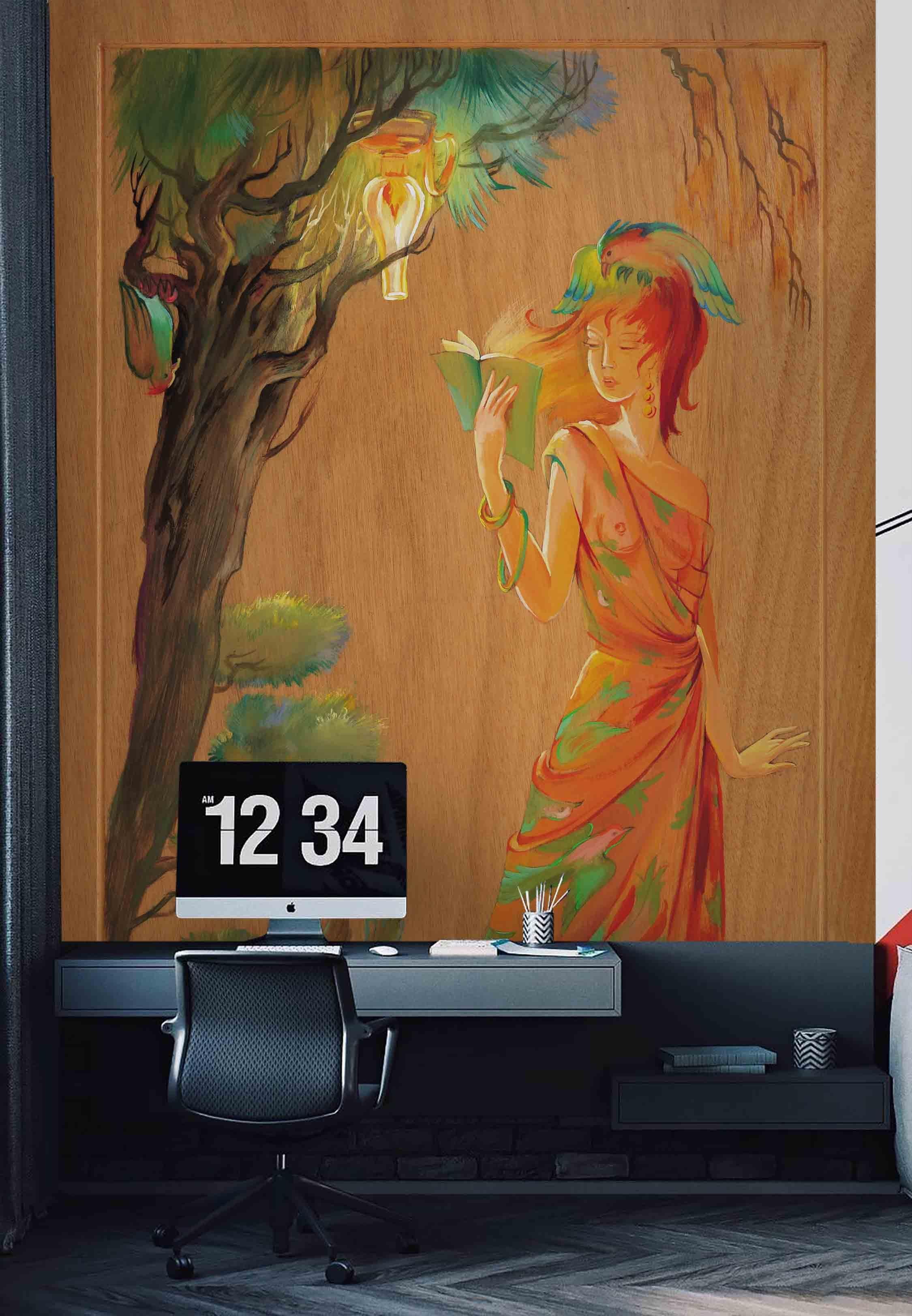 3D tree woman orange wall mural wallpaper 46- Jess Art Decoration