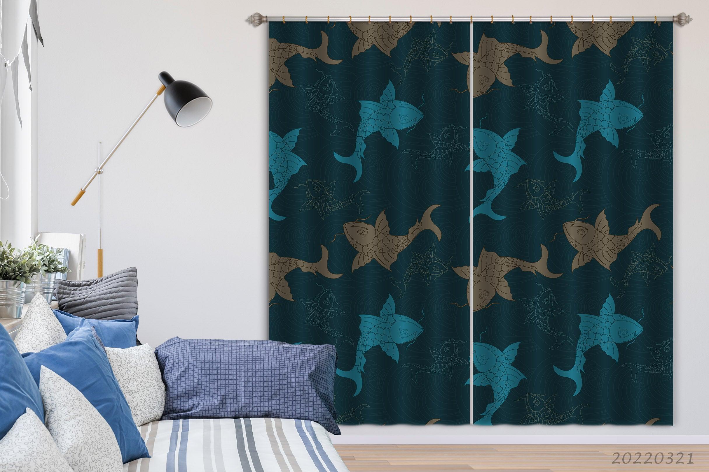 3D Fish Blue Sea Water Curtains and Drapes GD 3162- Jess Art Decoration