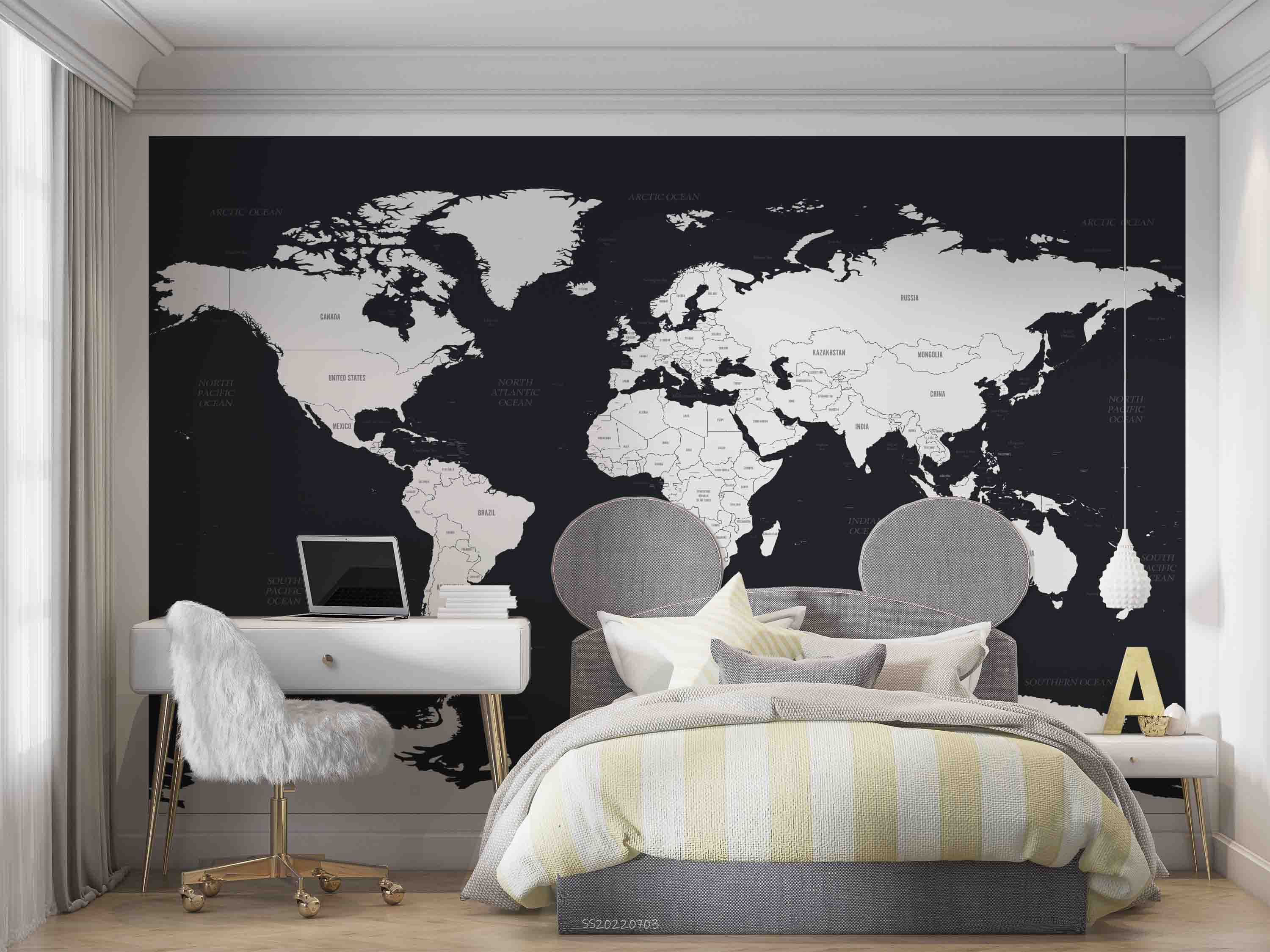 3D World Map Black White Wall Mural Wallpaper GD 1096- Jess Art Decoration