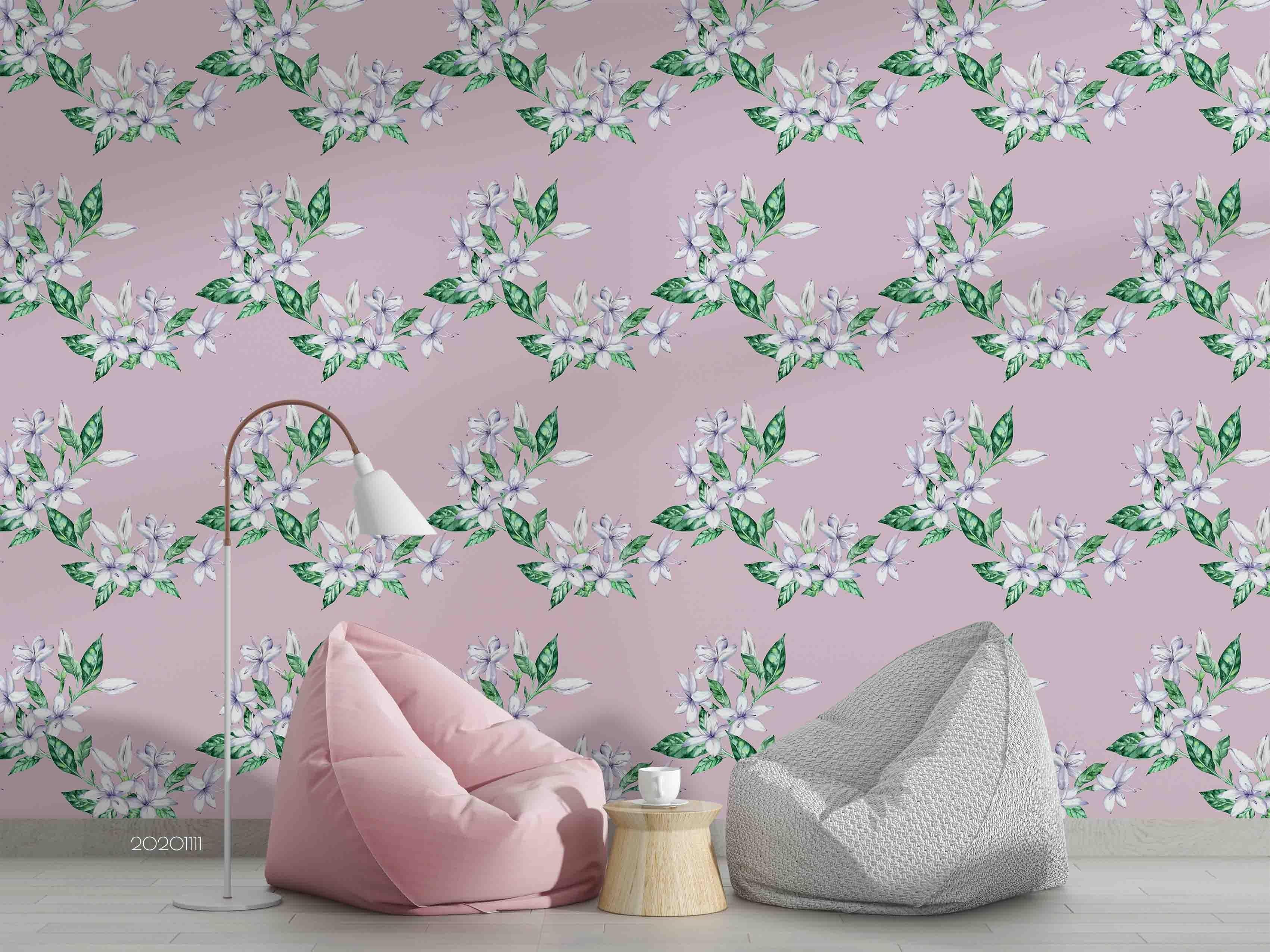 3D Hand Drawn White Floral Plant Pink Wall Mural Wallpaper LXL- Jess Art Decoration