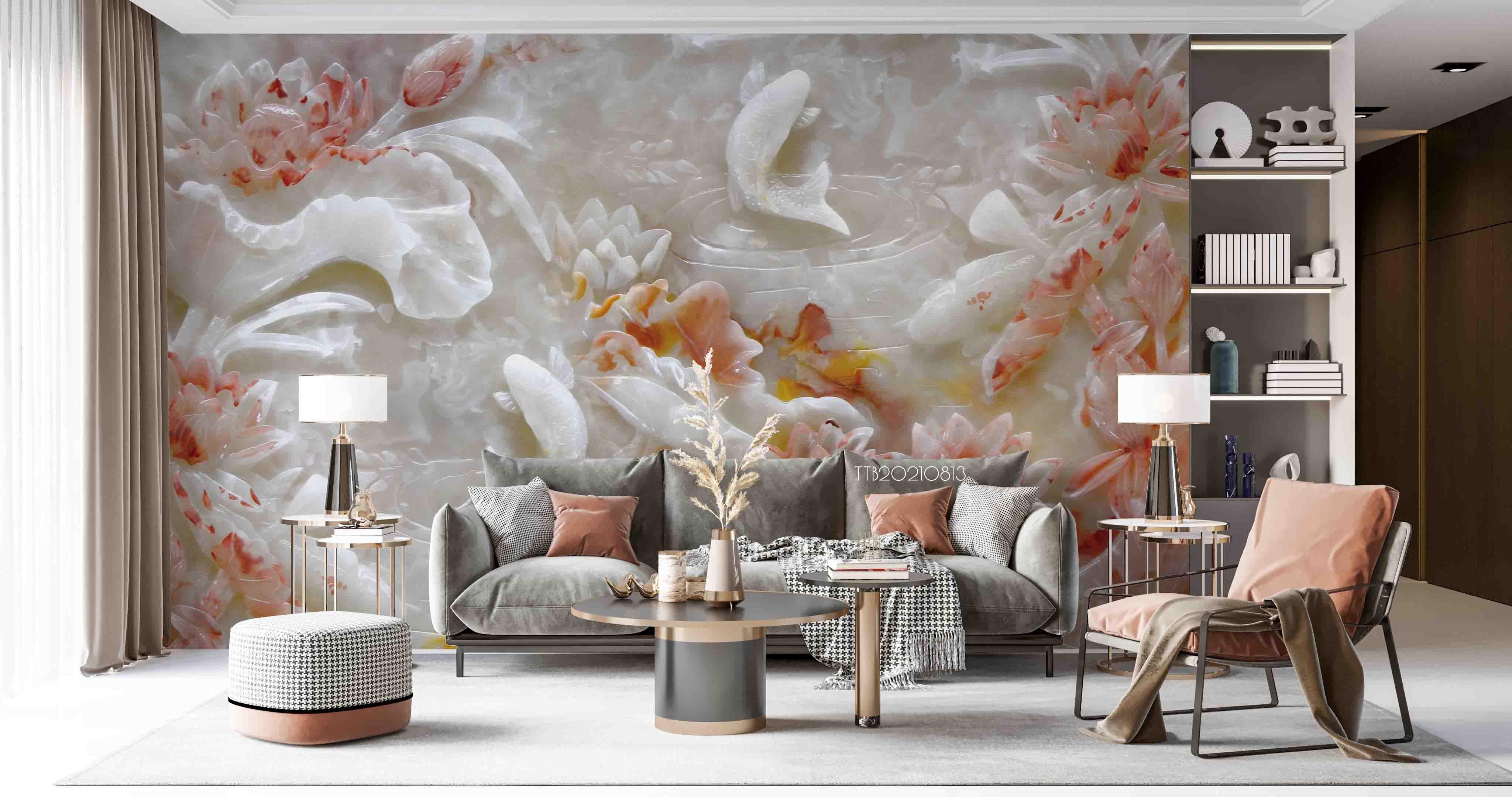 3D Marble Relief Lotus Carp Wall Mural WallpaperSWW5121- Jess Art Decoration