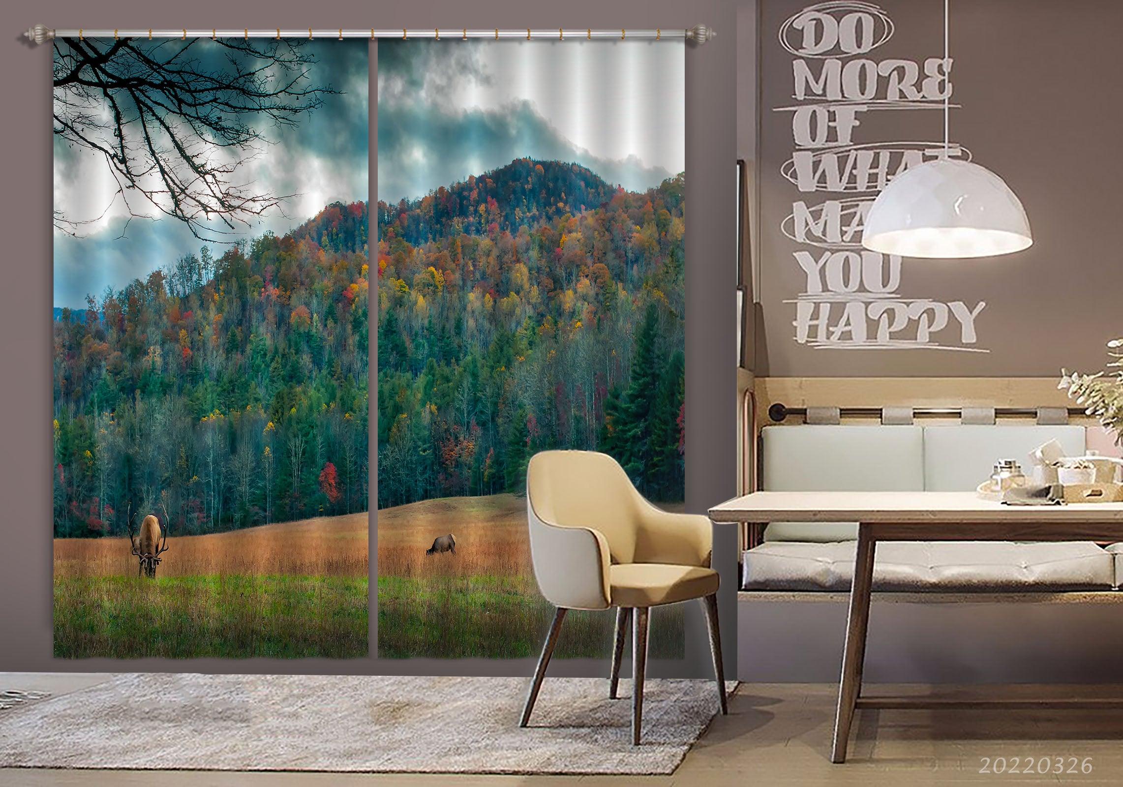 3D Landscape Mountain Forest Meadow Elk Curtains and Drapes GD 3003- Jess Art Decoration