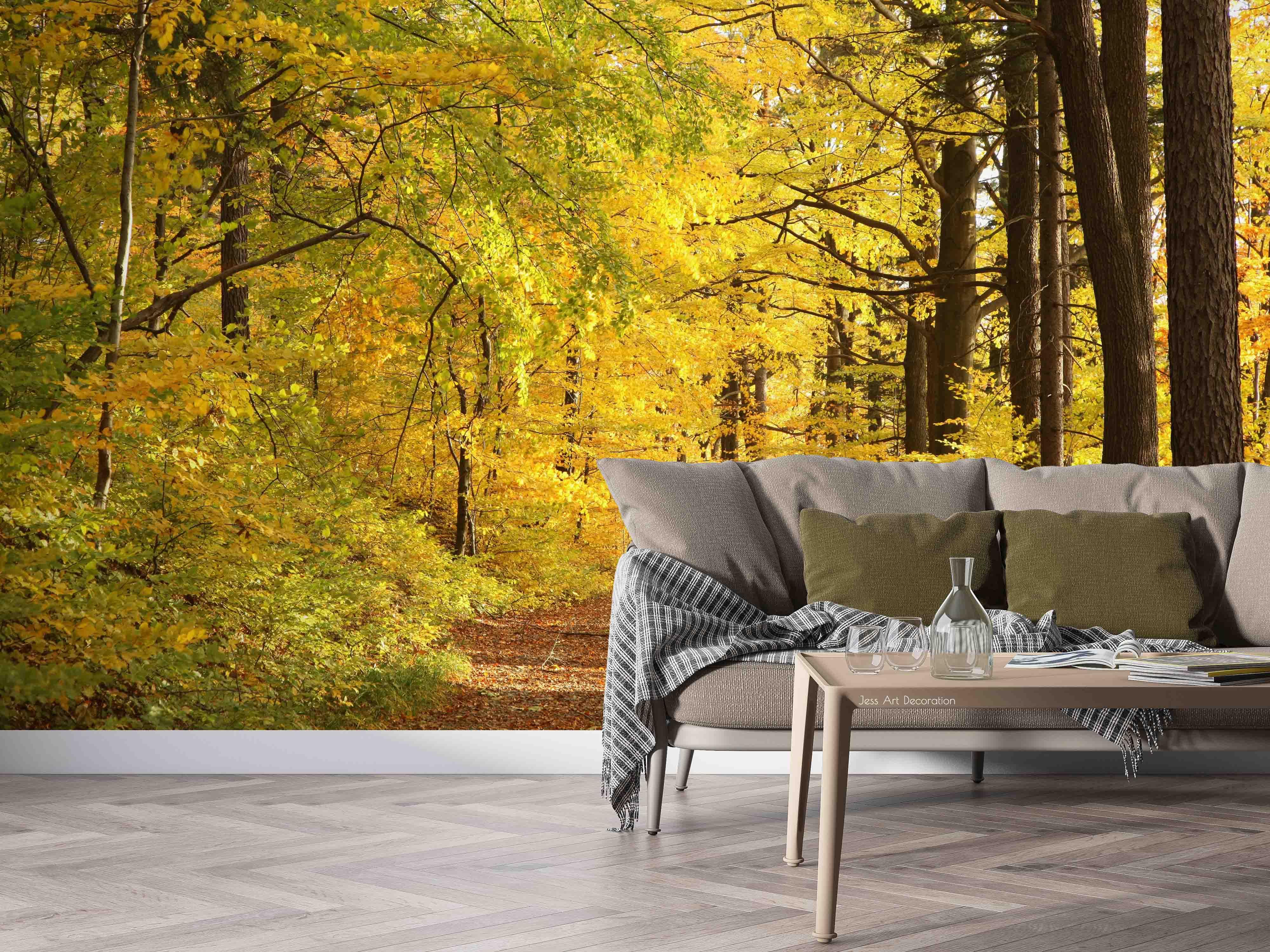 3D Forest Green Golden Leaf Path Wall Mural Wallpaper GD 2376- Jess Art Decoration