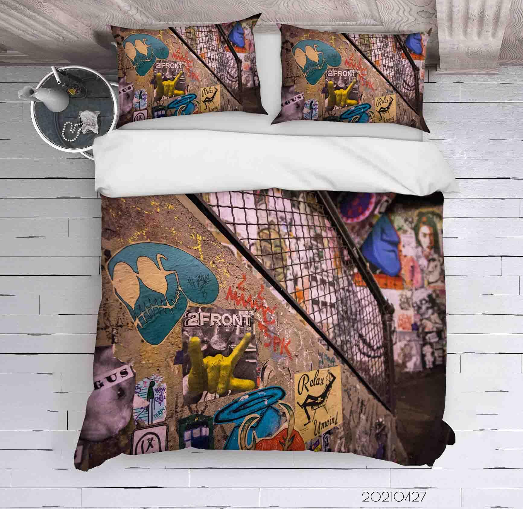 3D Abstract Colored Street Graffiti Quilt Cover Set Bedding Set Duvet Cover Pillowcases 146- Jess Art Decoration