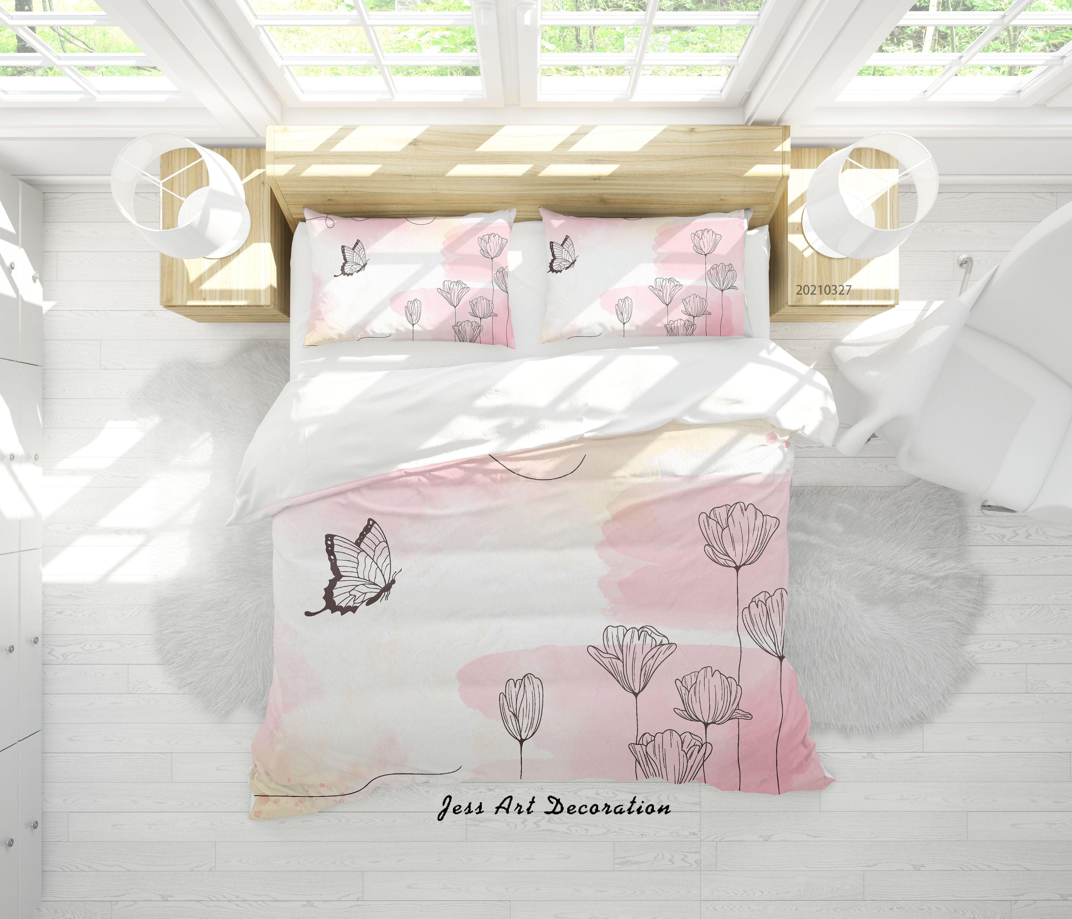3D Watercolor Pink Floral Butterfly Quilt Cover Set Bedding Set Duvet Cover Pillowcases 15- Jess Art Decoration
