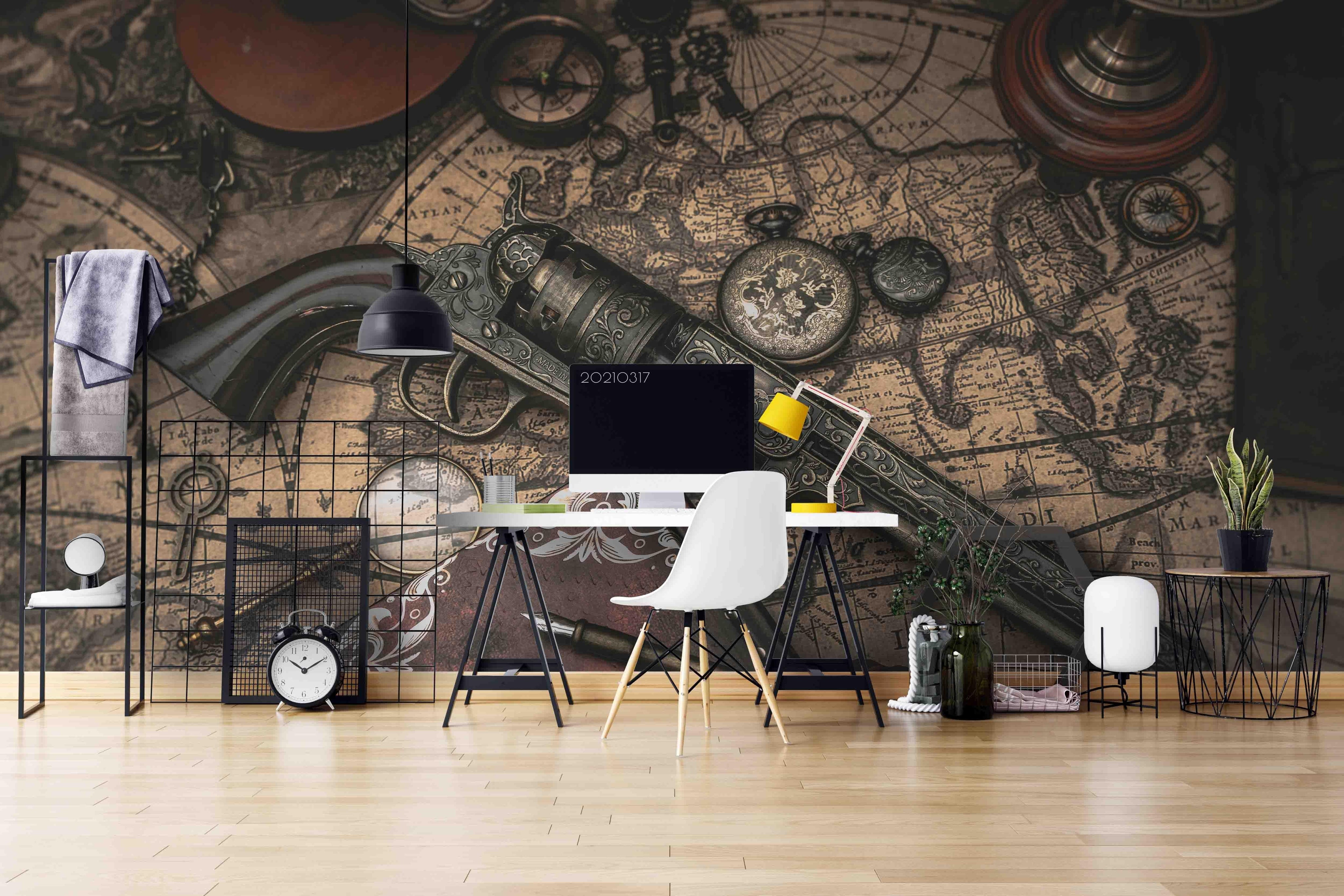 3D Map Pistol Pocket Watch Wall Mural Wallpaper LQH 429- Jess Art Decoration