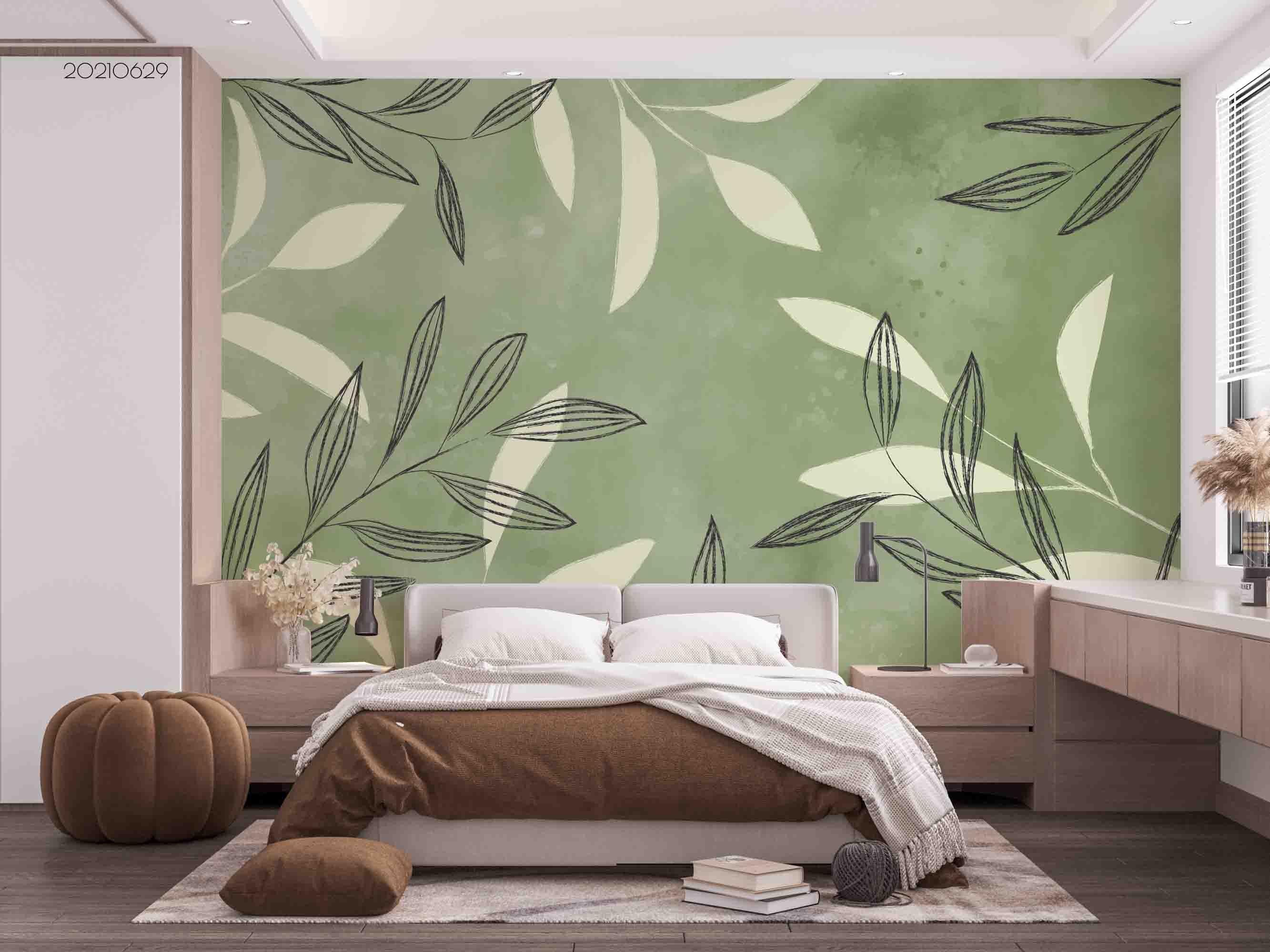 3D Watercolor Green Leaf Wall Mural Wallpaper LQH 77- Jess Art Decoration