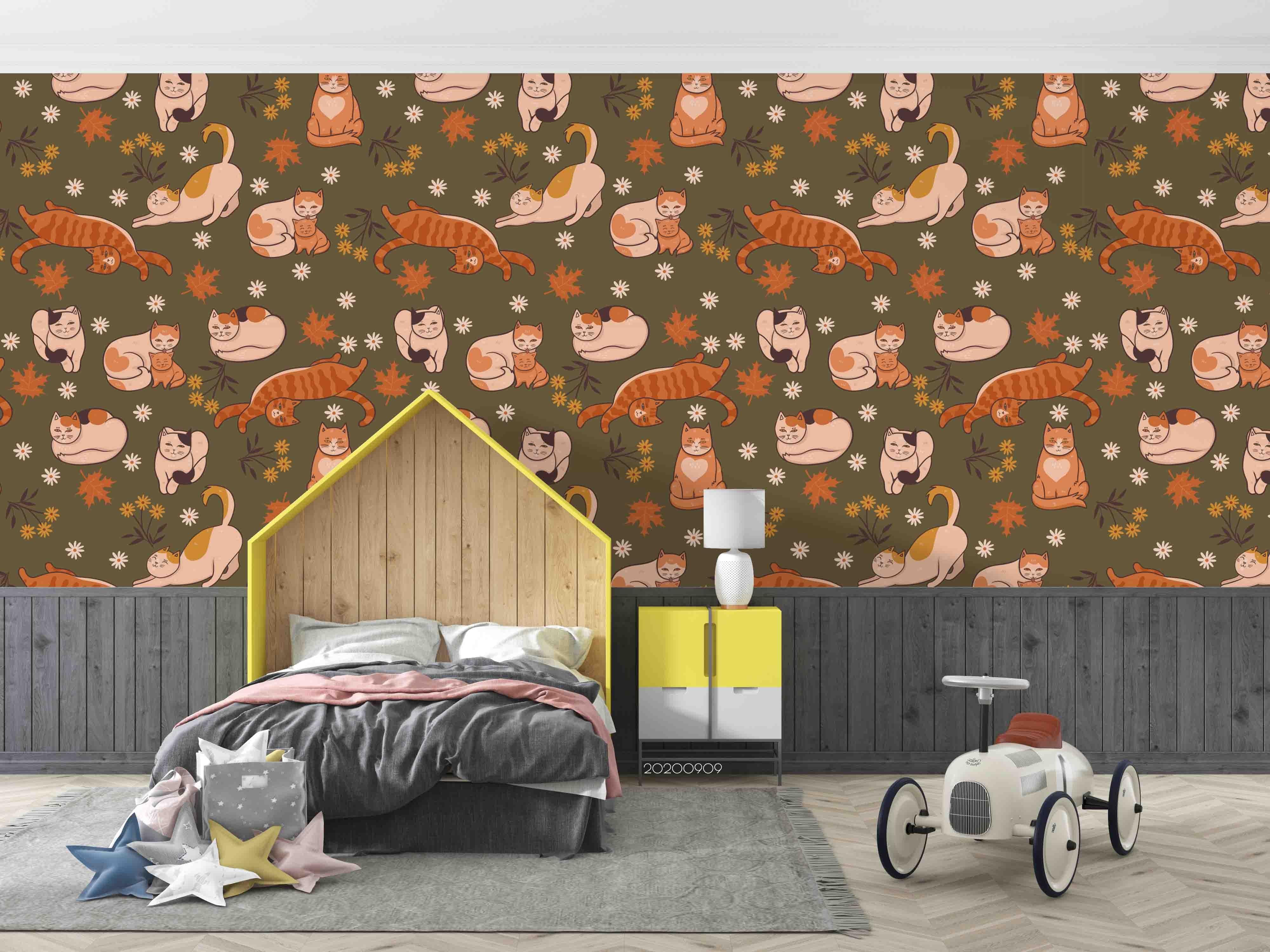 3D Cartoon Maple Leaves Colorful Cat Animal Wall Mural Wallpaper LXL- Jess Art Decoration