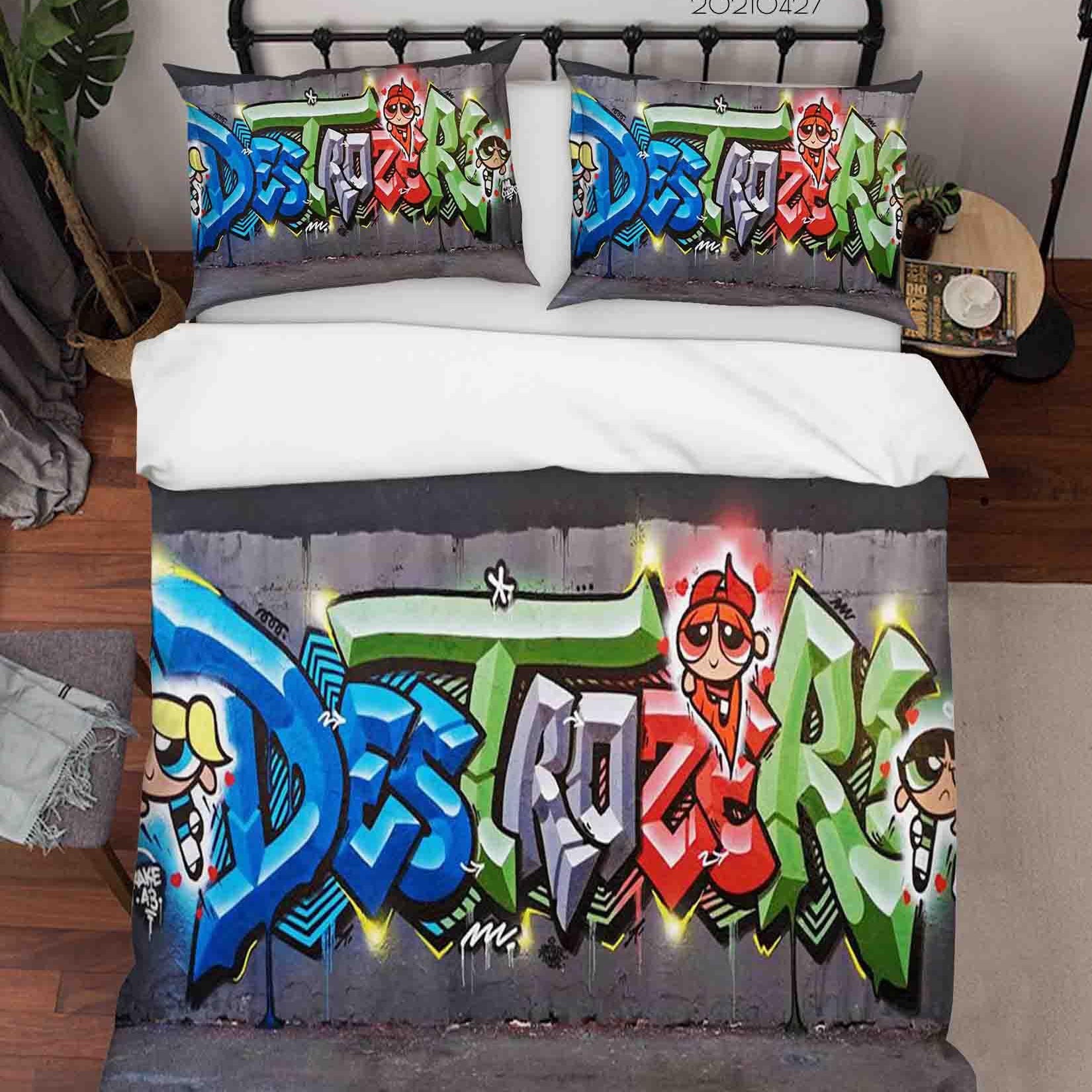 3D Abstract Colored Street Graffiti Quilt Cover Set Bedding Set Duvet Cover Pillowcases 72- Jess Art Decoration