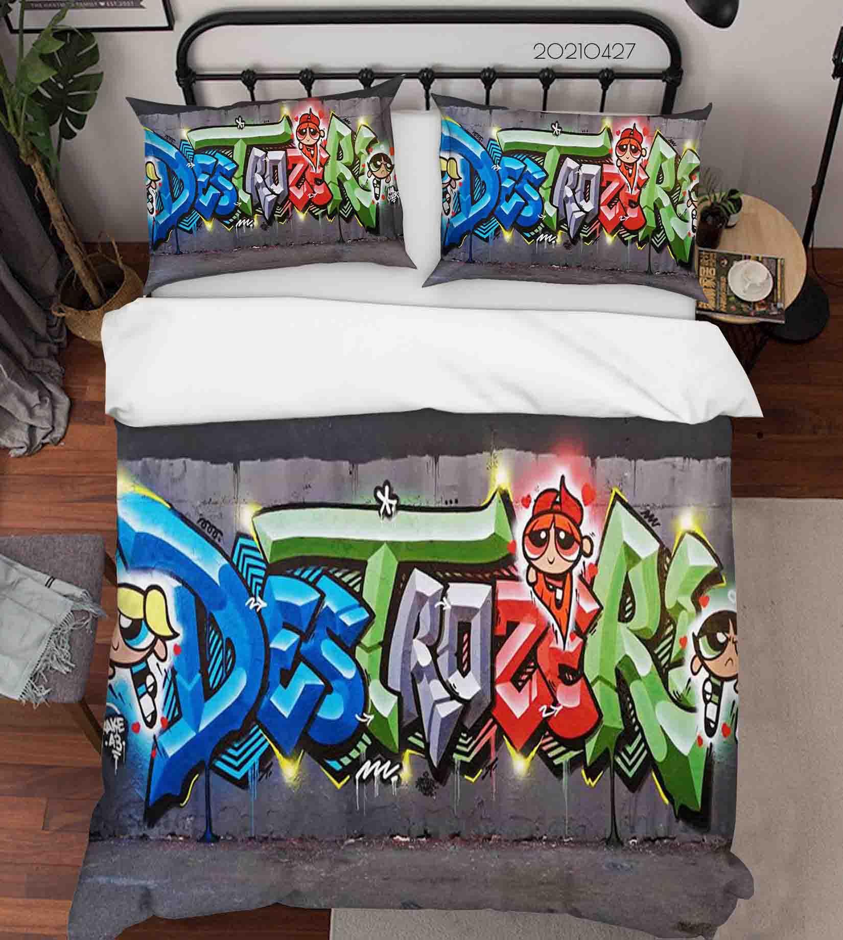 3D Abstract Colored Street Graffiti Quilt Cover Set Bedding Set Duvet Cover Pillowcases 72- Jess Art Decoration
