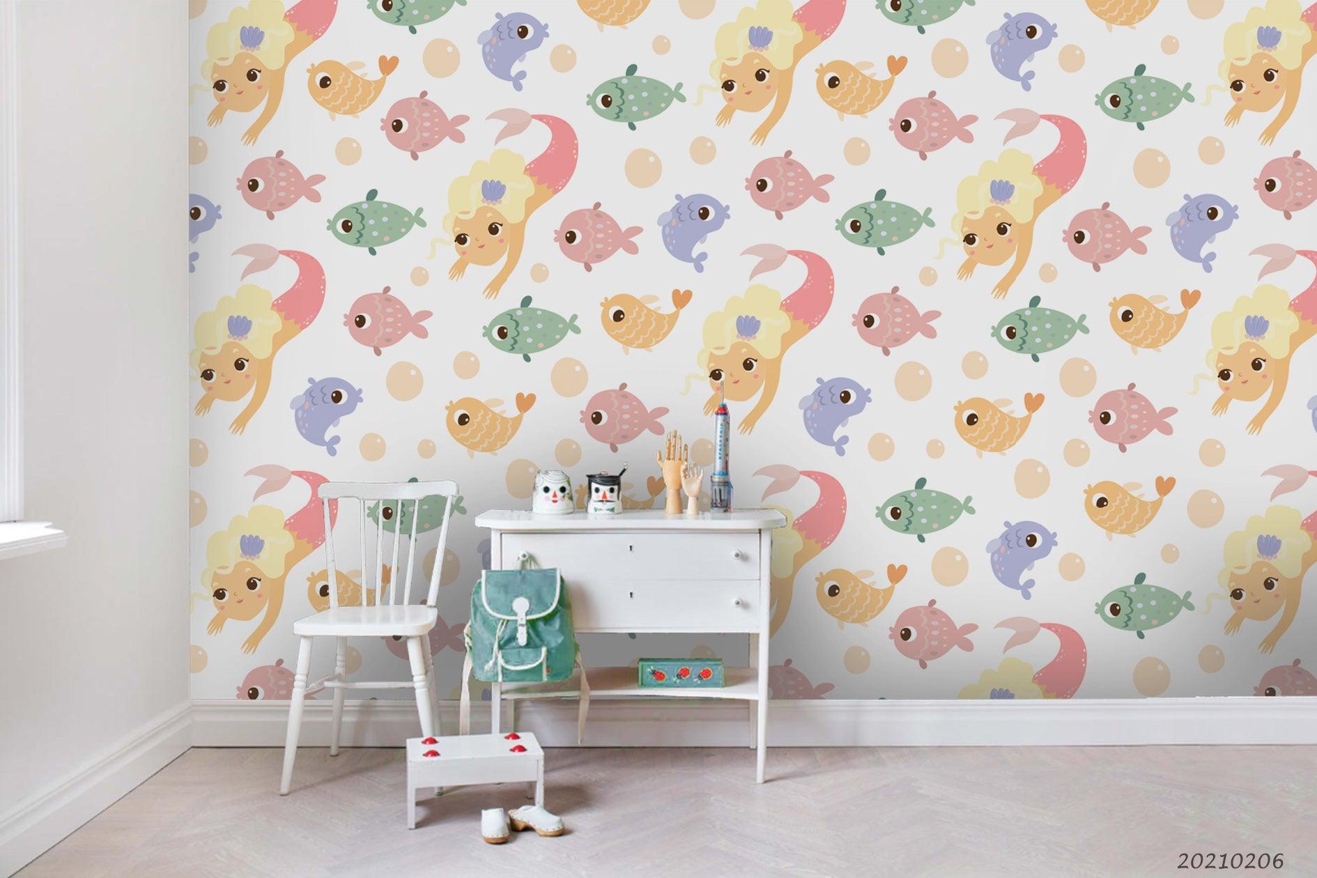 3D Hand Drawn Goldfish Mermaid Wall Mural Wallpaper LQH 365- Jess Art Decoration