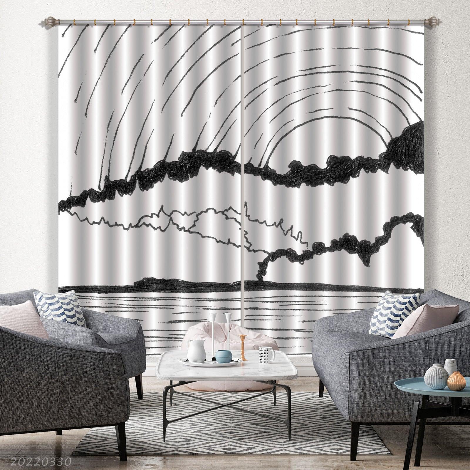 3D Abstract Sun Mountain Lake Ink Curtains and Drapes GD 3636- Jess Art Decoration
