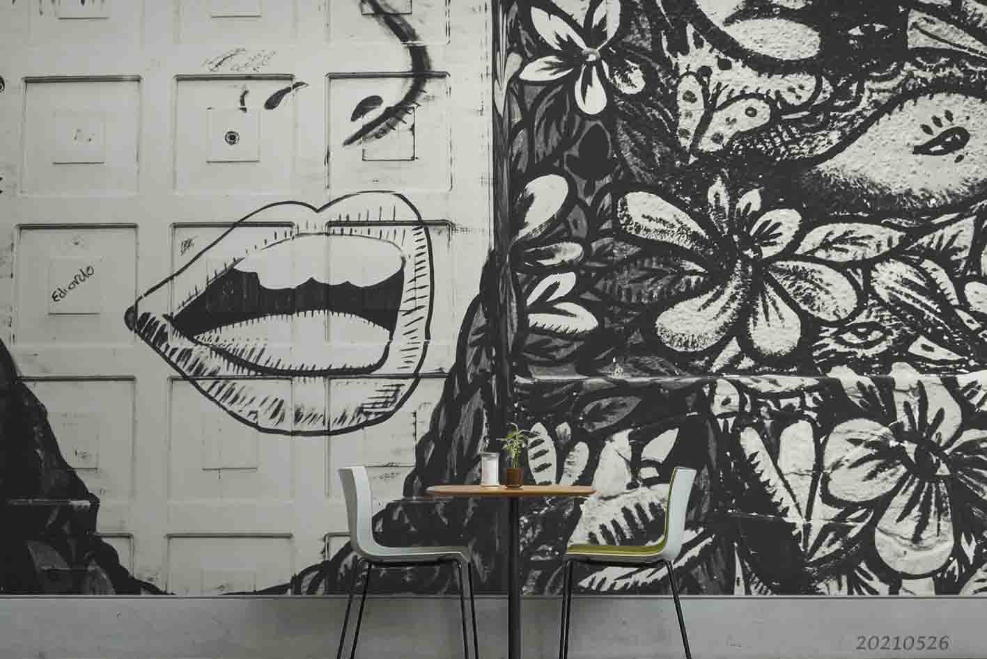 3D  Abstract Graffiti Mouth Black White Floral Wall Mural Wallpaper SWW278- Jess Art Decoration