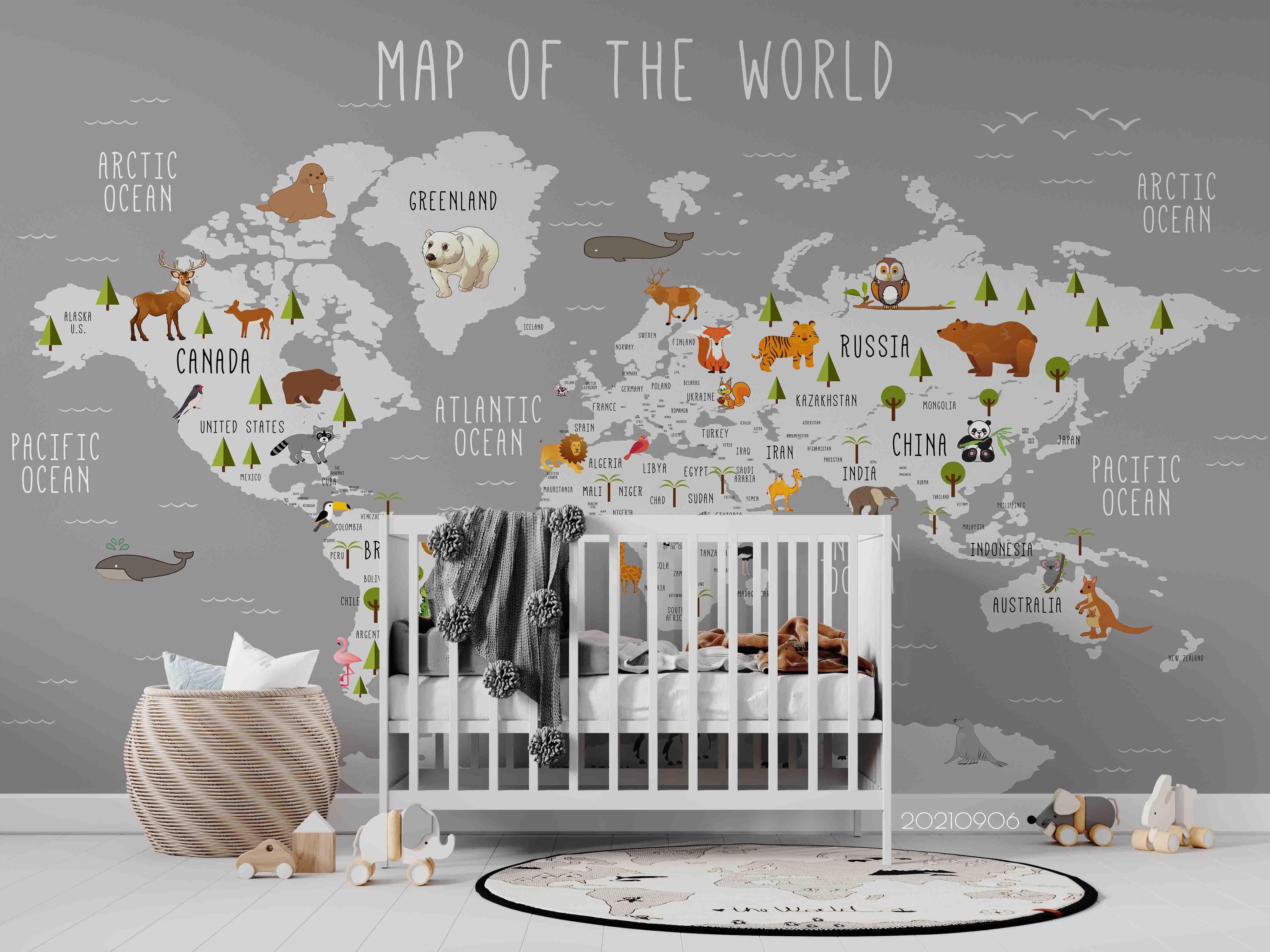 3D Grey World Map Kids Wall Mural Wallpaper LQH 578- Jess Art Decoration