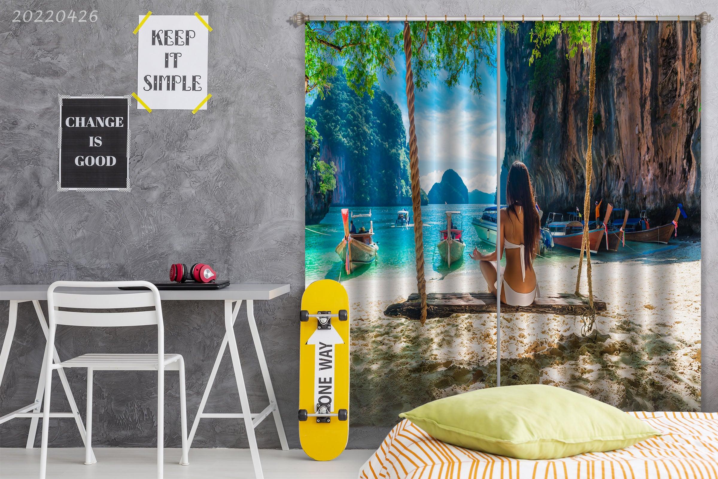 3D Landscape Ocean Beach Boat Woman Swing Curtains and Drapes GD 4772- Jess Art Decoration