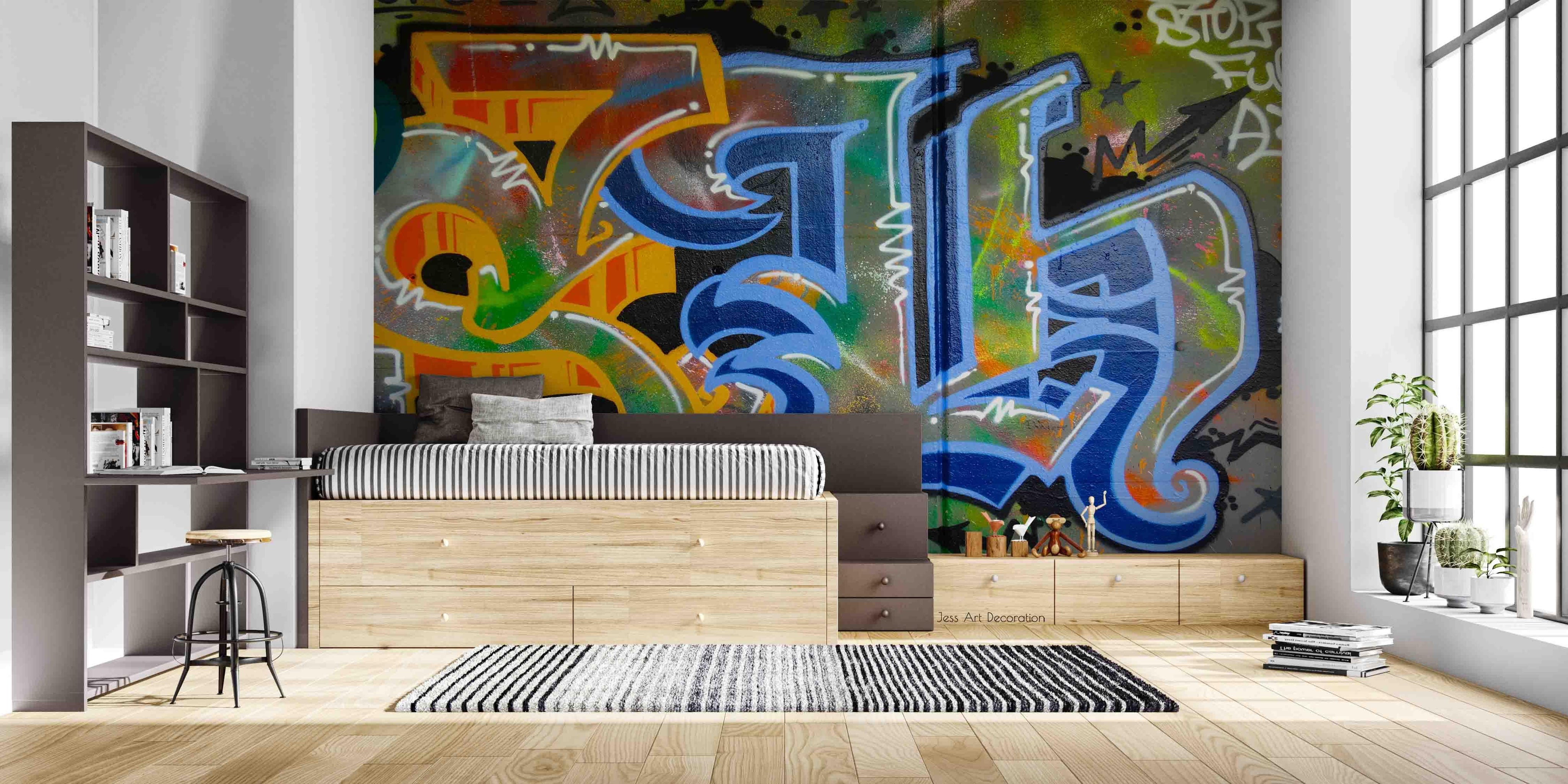 Abstract Graffiti Blue Yellow Pattern Wallpaper urban graffiti wall mural for teen room, studio or feature wall - view 3