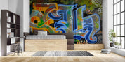 Abstract Graffiti Blue Yellow Pattern Wallpaper urban graffiti wall mural for teen room, studio or feature wall - view 3