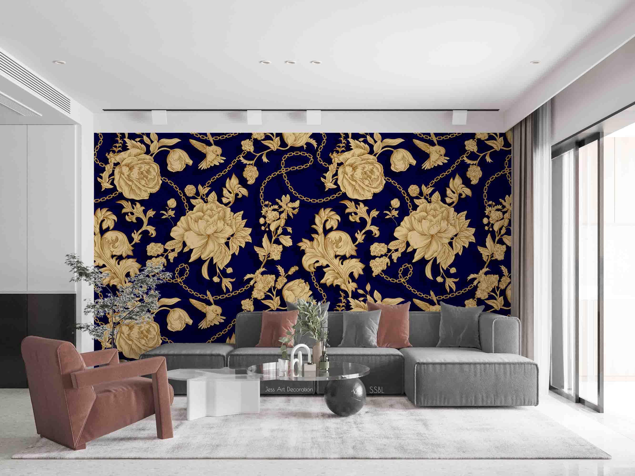 3D Vintage Baroque Art Blooming Golden Peony Black Background Wall Mural Wallpaper GD 3657- Jess Art Decoration
