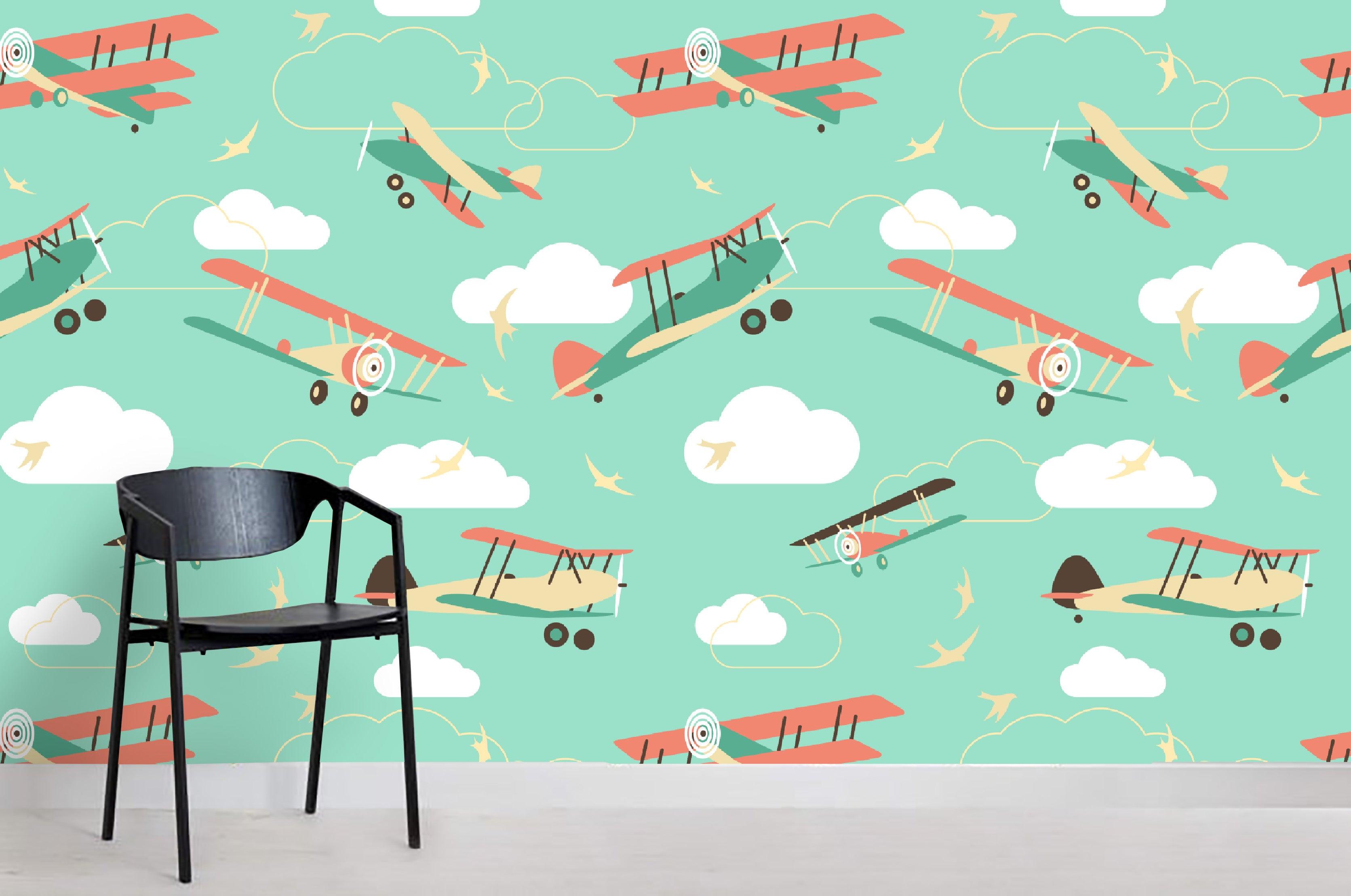 3D Green Background Cartoon Plane Wall Mural Wallpaper 6- Jess Art Decoration