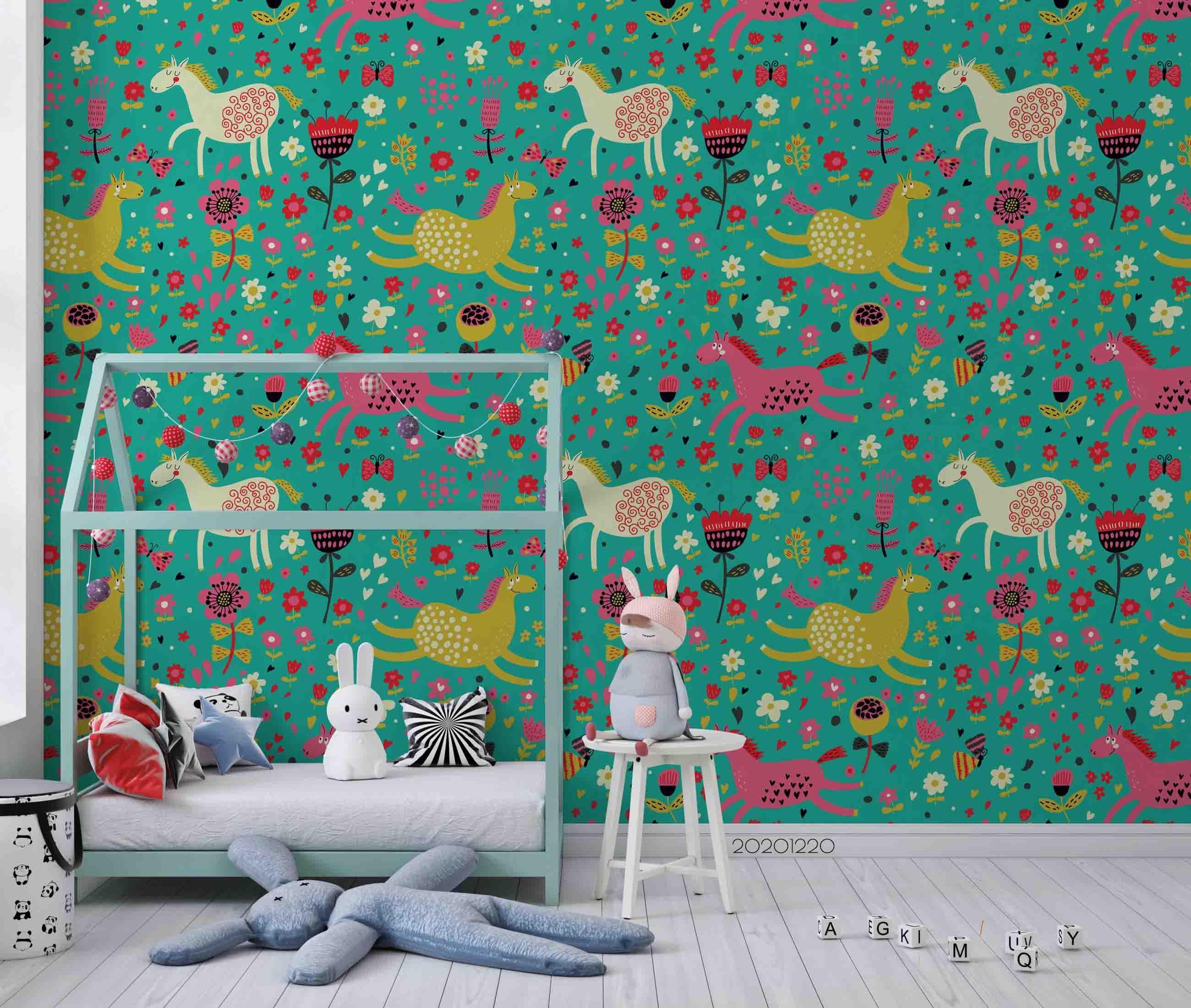 3D Hand Drawn Animal Unicorn Floral Green Wall Mural Wallpaper LQH 100- Jess Art Decoration