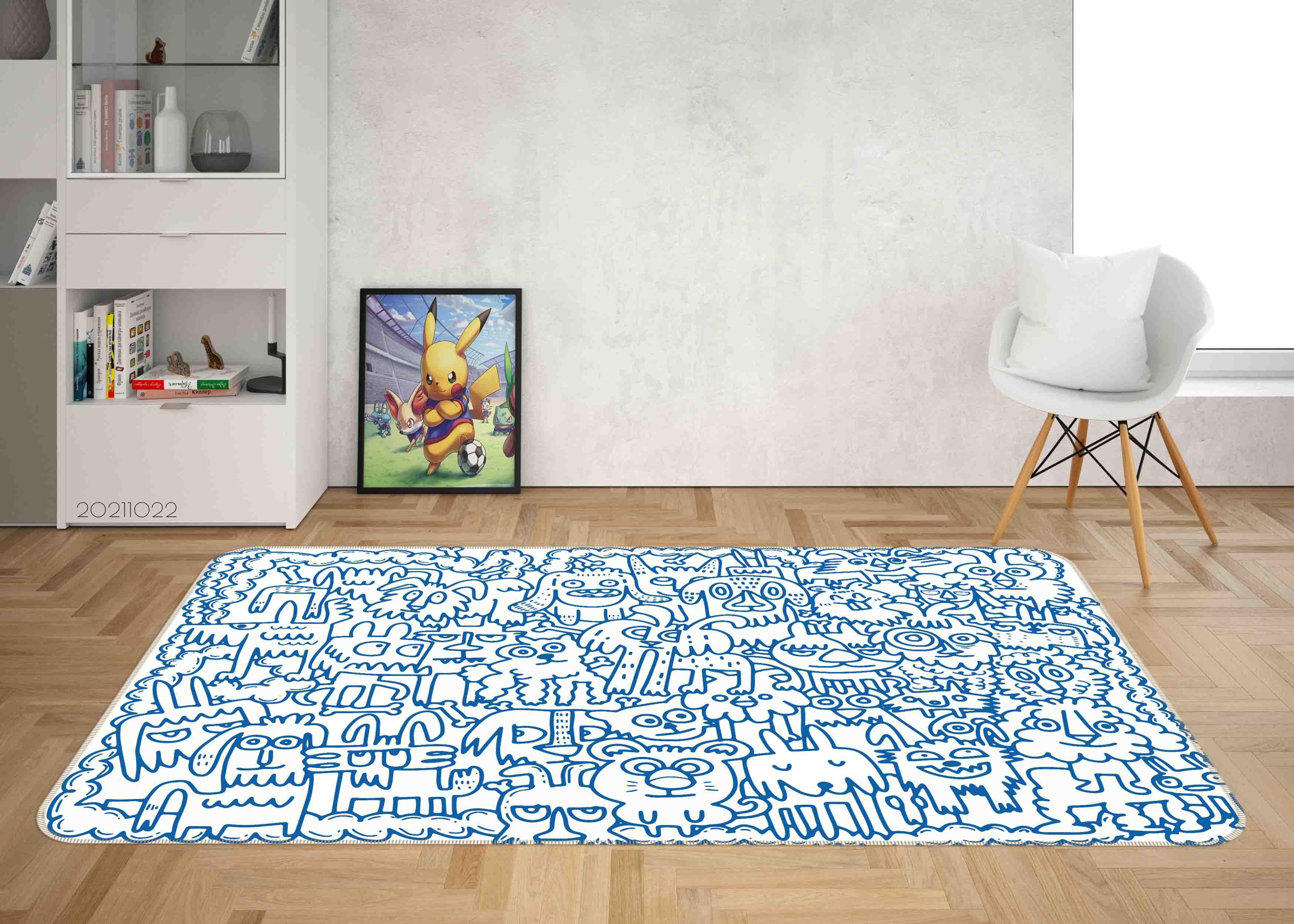 3D Abstract Blue Cute Animal Doodle Non-Slip Rug Mat 36- Jess Art Decoration
