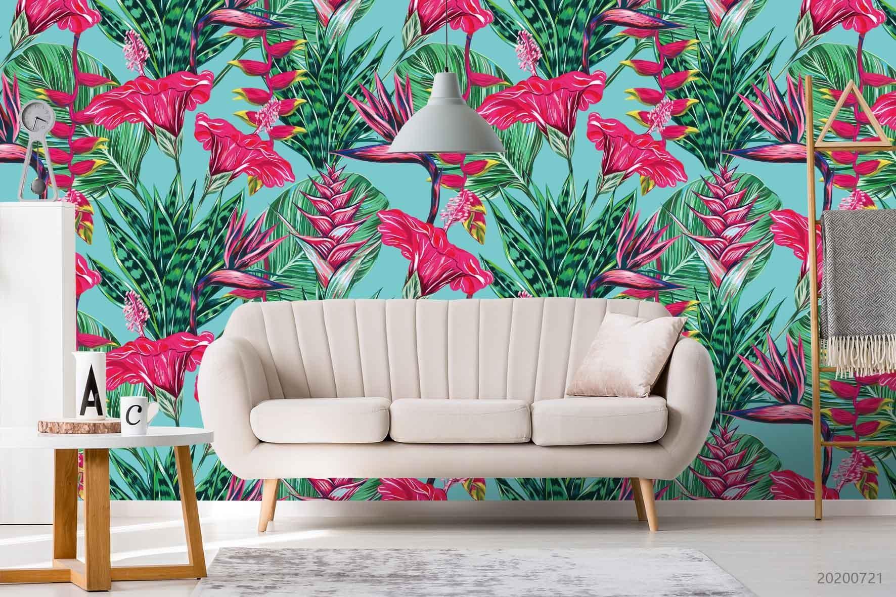 3D Hand Sketching Tropical Floral Plants Wall Mural Wallpaper JN 1381- Jess Art Decoration