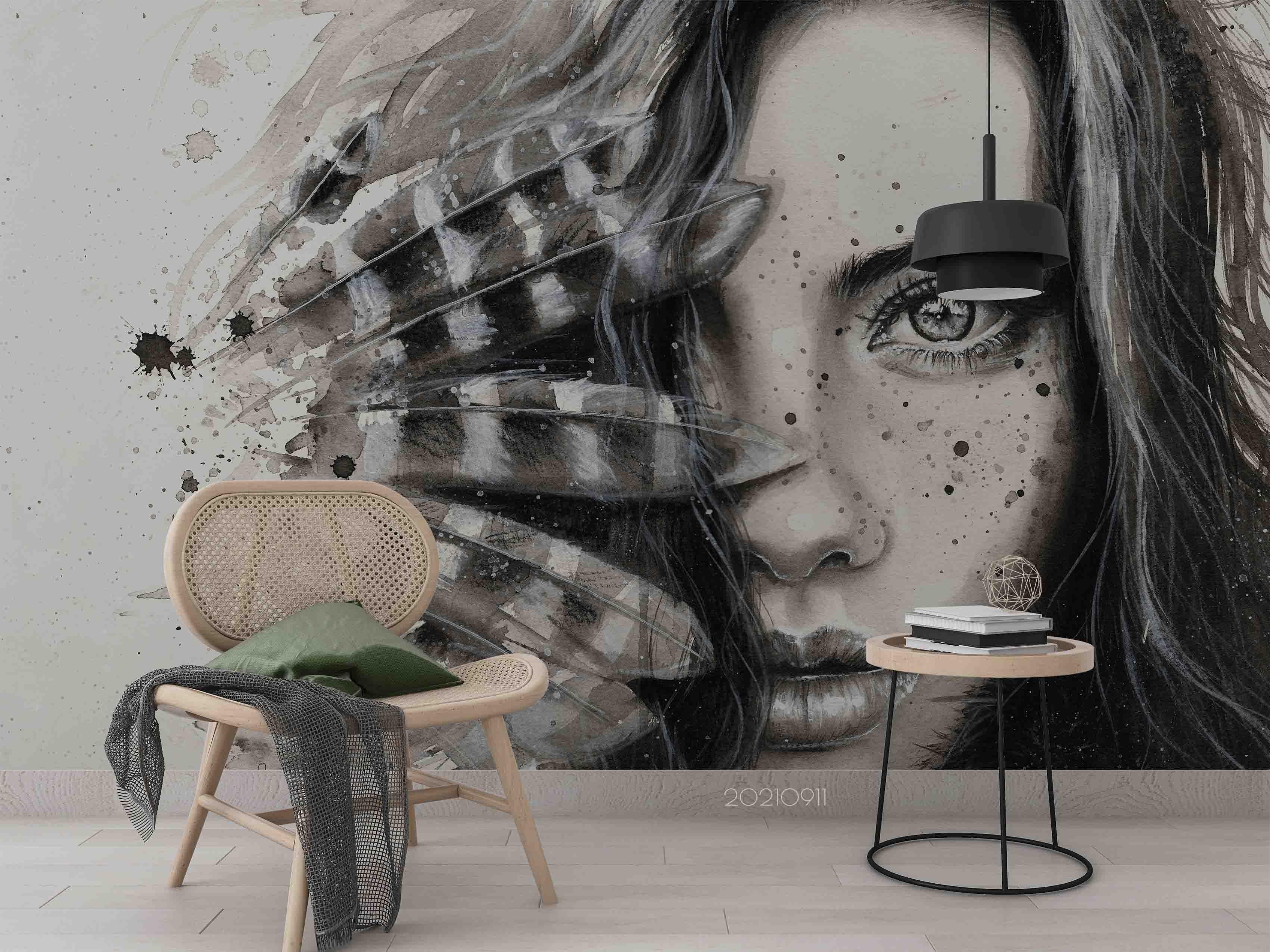 3D Graffiti Grey Feather Woman Wall Mural Wallpaper LQH 821- Jess Art Decoration