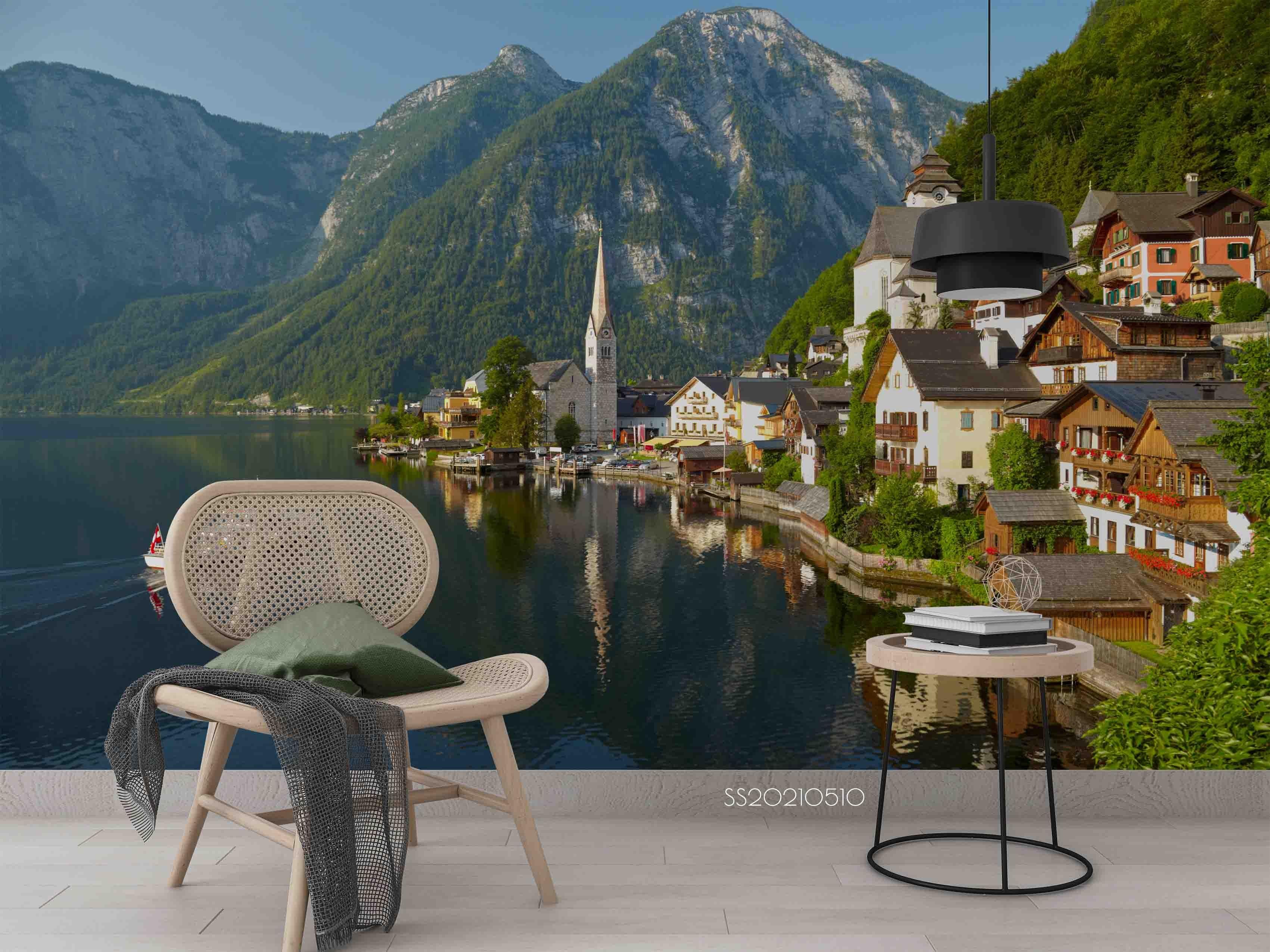 3D Mountain Lake House Landscape Wall Mural Wallpaper LQH 339- Jess Art Decoration