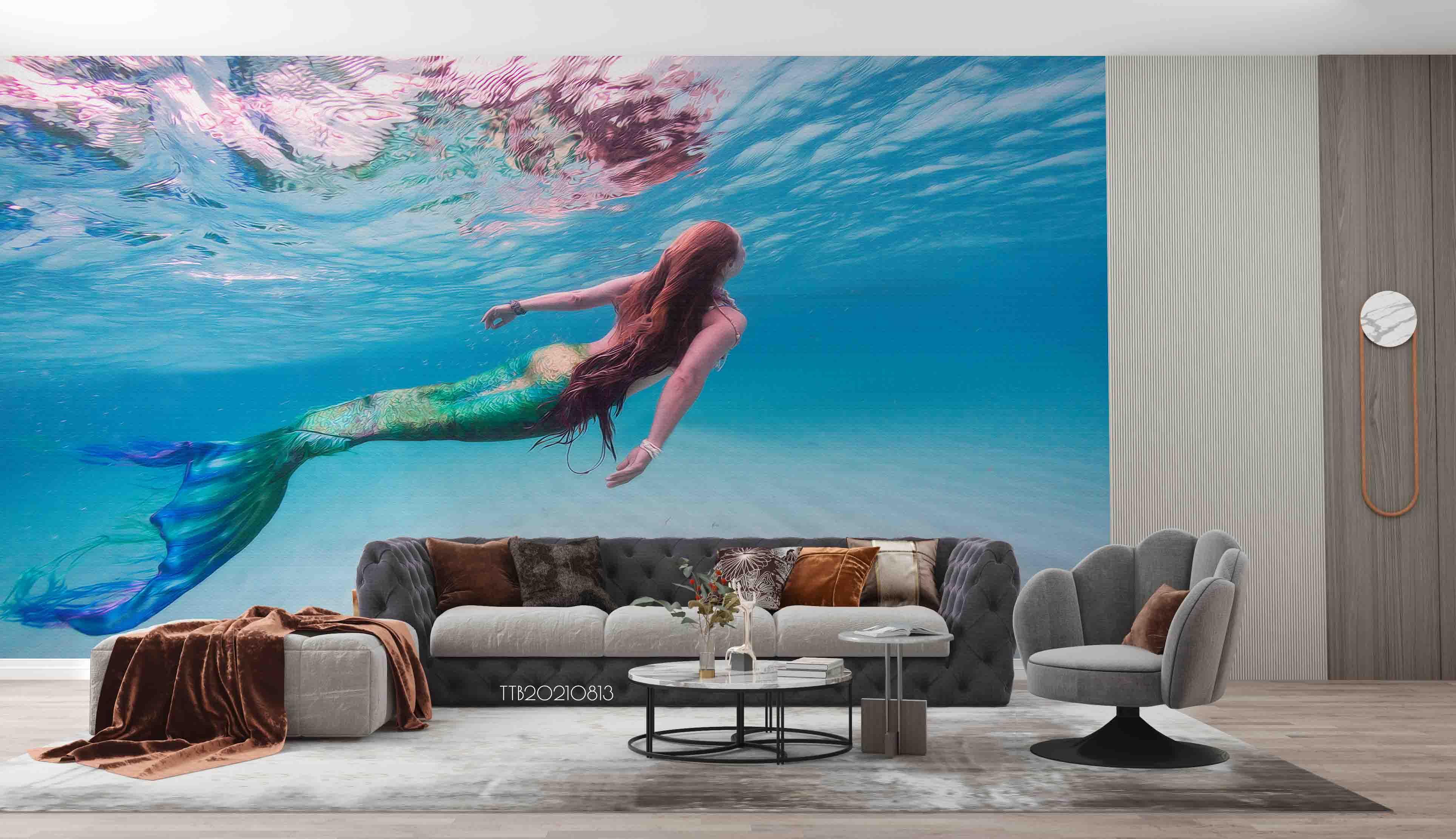 3D Hand-painted Blue Oceans Mermaid Wall Mural Wallpaper SWW5091- Jess Art Decoration