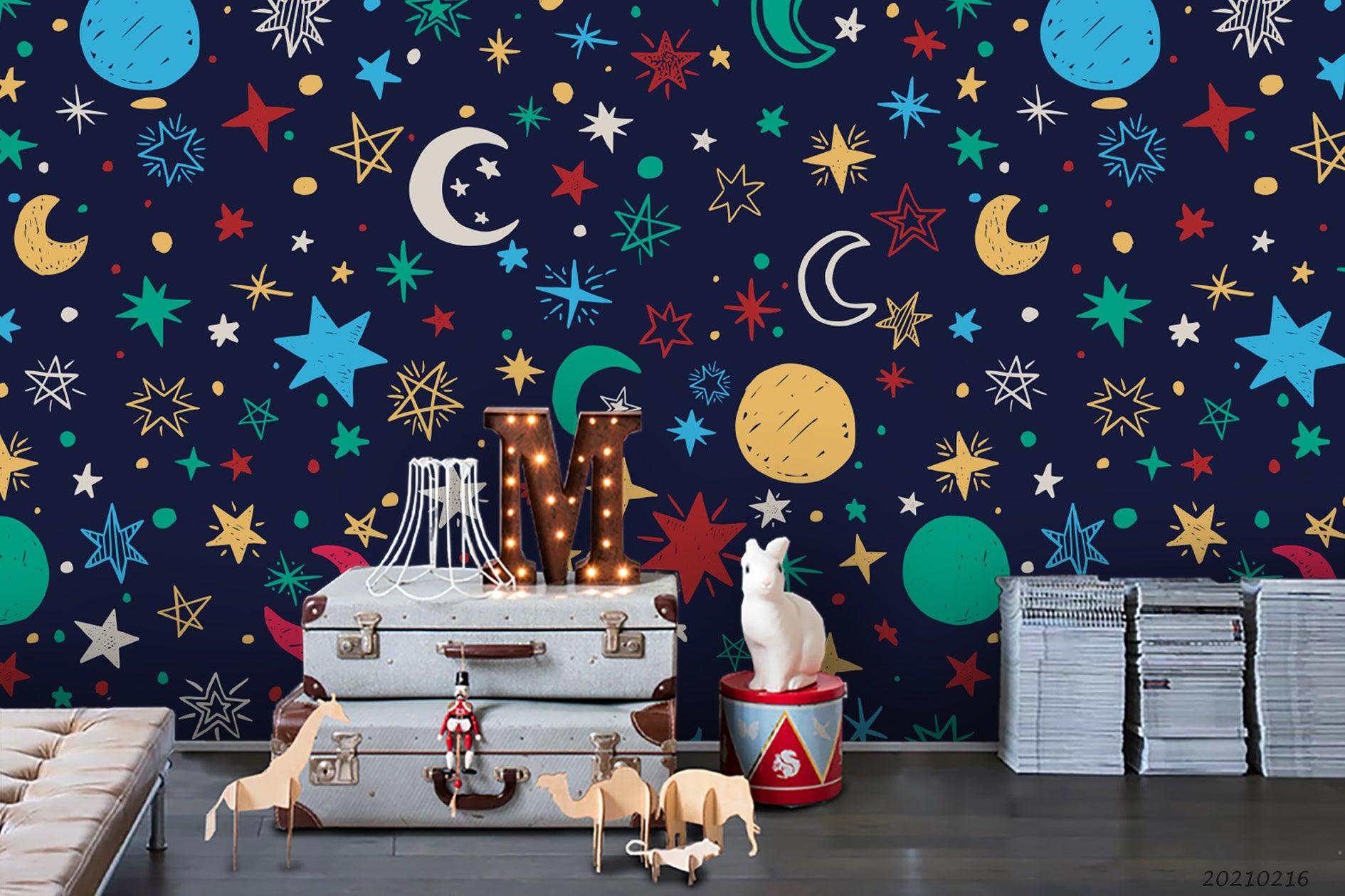 3D Cartoon Space Planet Star Blue Wall Mural Wallpaper LQH 7- Jess Art Decoration