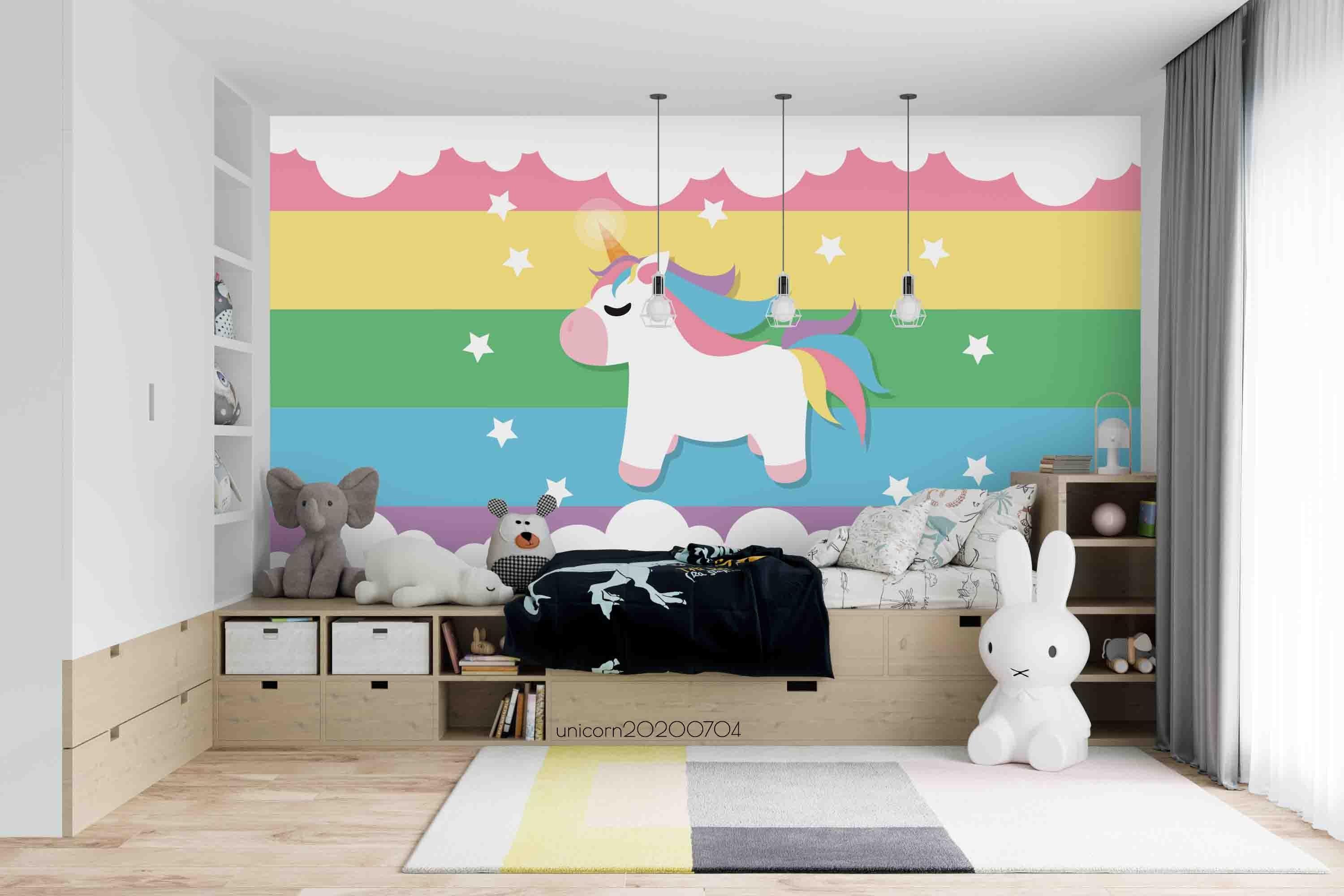 3D Cartoon Unicorn Color Stripe Star Wall Mural Wallpaper A010 LQH- Jess Art Decoration