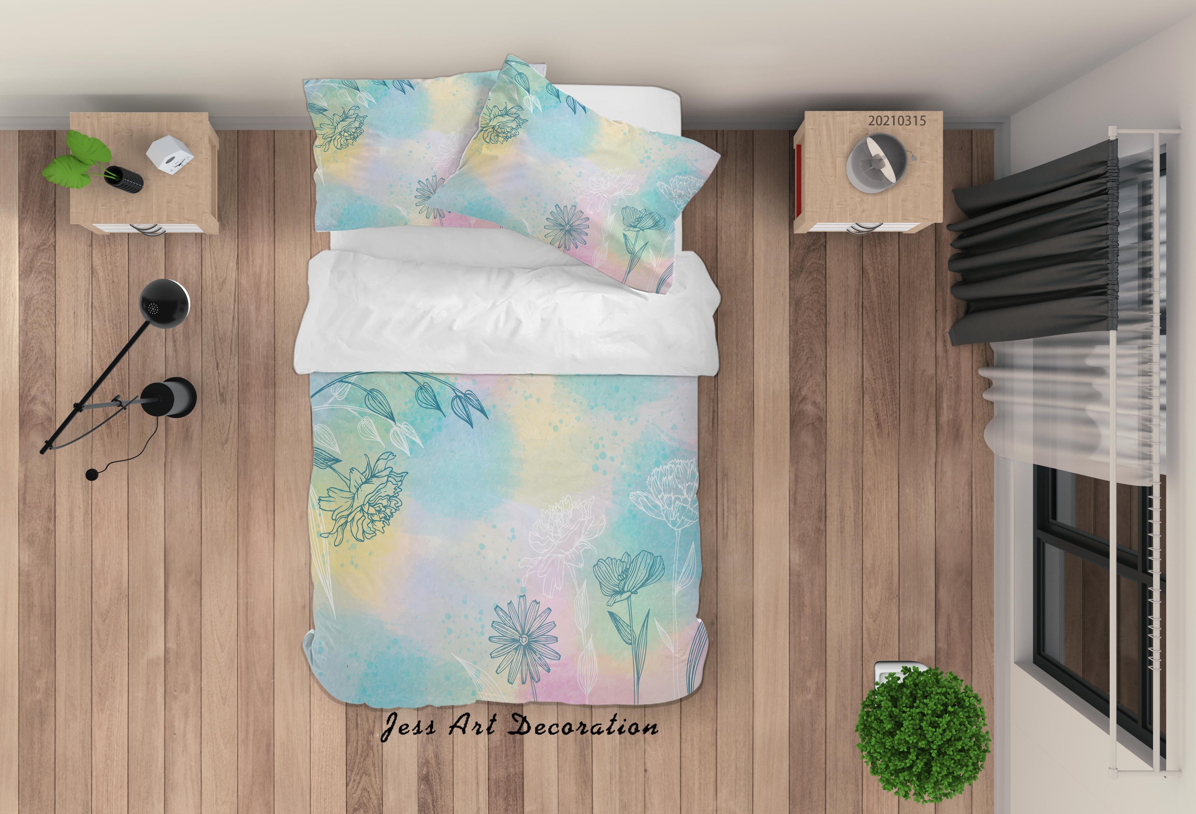 3D Watercolor Green Floral Quilt Cover Set Bedding Set Duvet Cover Pillowcases 95- Jess Art Decoration