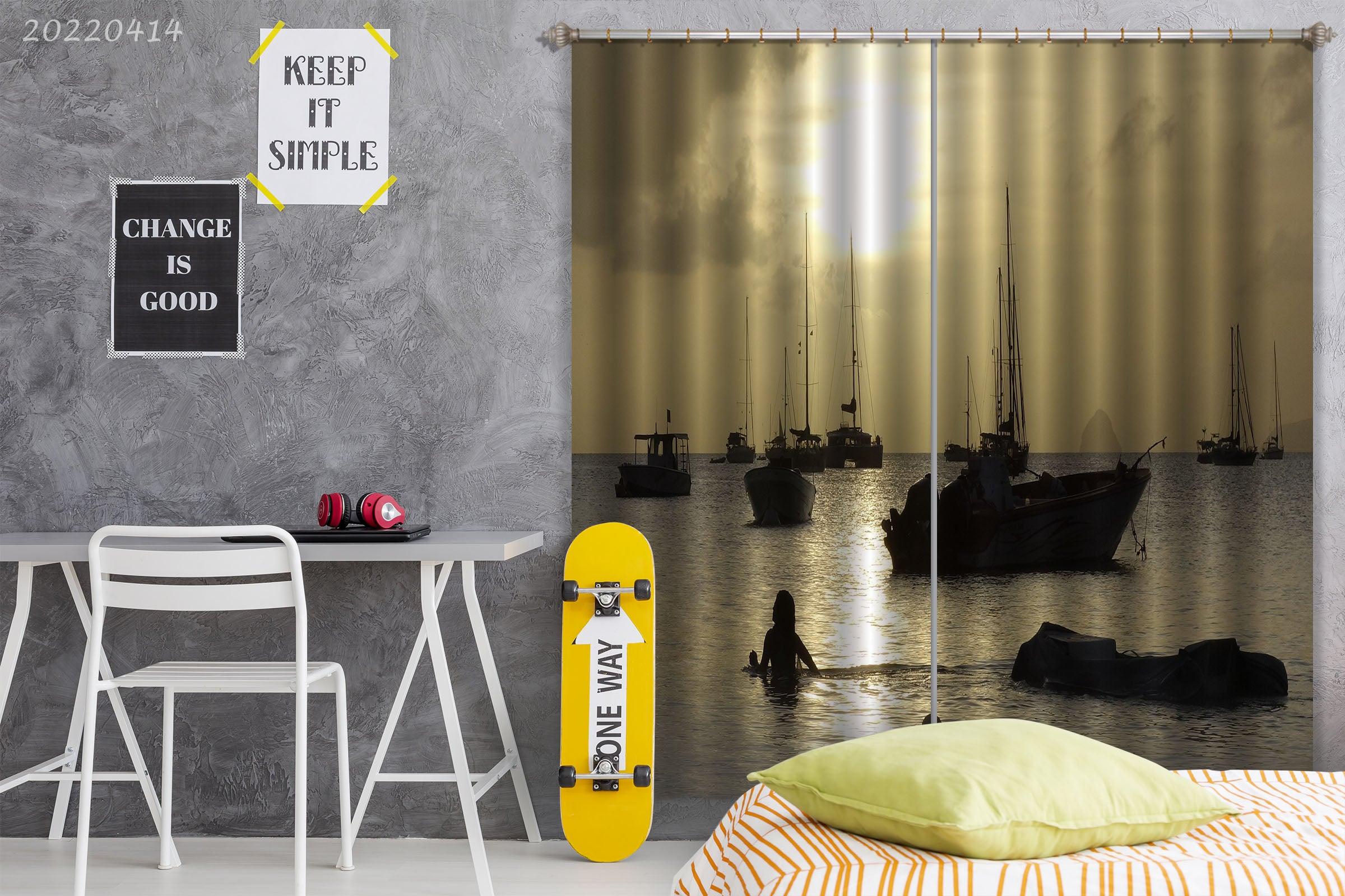 3D Ocean Sunrise Golden Sunbeam Fishing Boat Curtains and Drapes GD 4068- Jess Art Decoration
