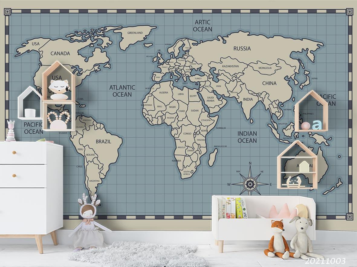 3D Blue World Map Wall Mural Wallpaper LQH 280- Jess Art Decoration