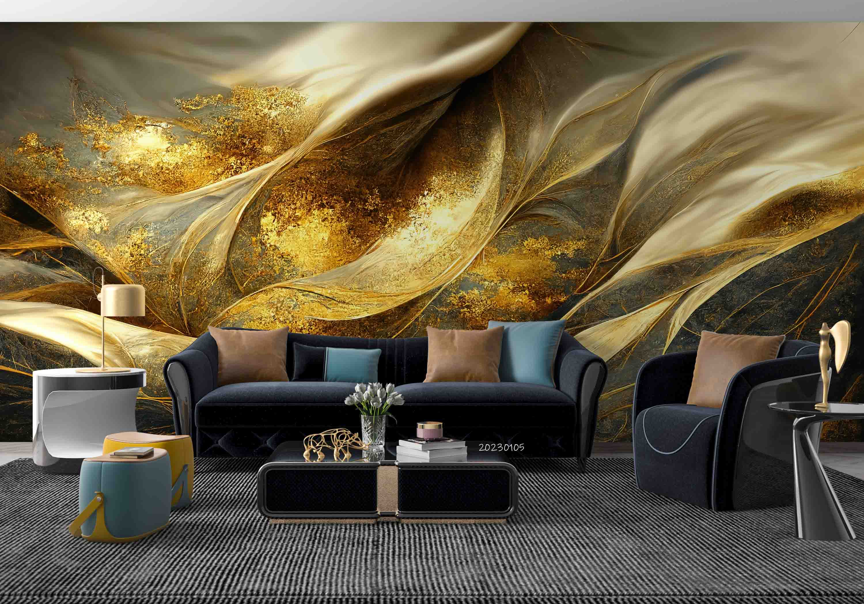 3D Oriental Retro Style Golden Waves Texture Wall Mural Wallpaper GD 1888- Jess Art Decoration