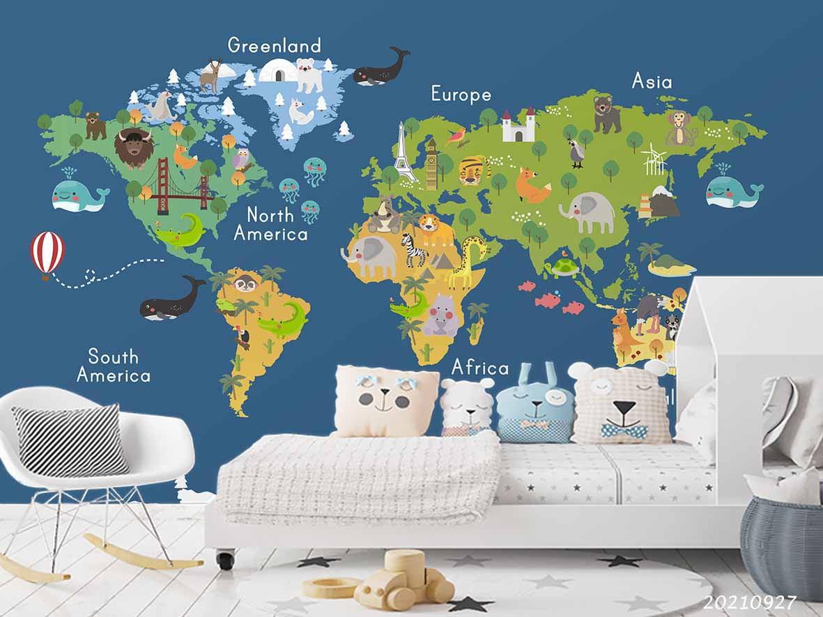 3D Blue World Map Kids Wall Mural Wallpaper LQH 152- Jess Art Decoration