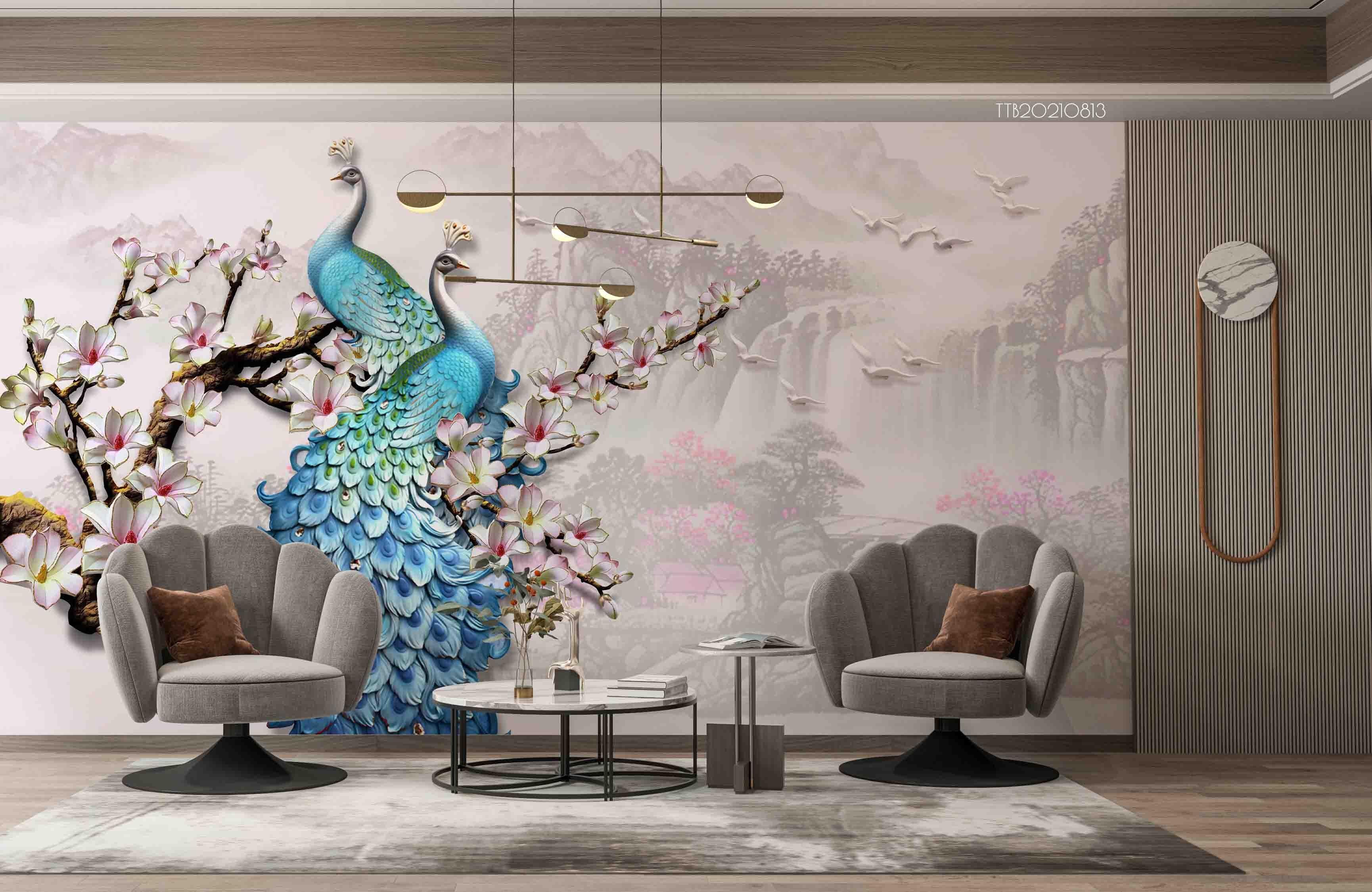 3D Chinese Style Blue Peacock Wall Mural Wallpaper SWW5129- Jess Art Decoration