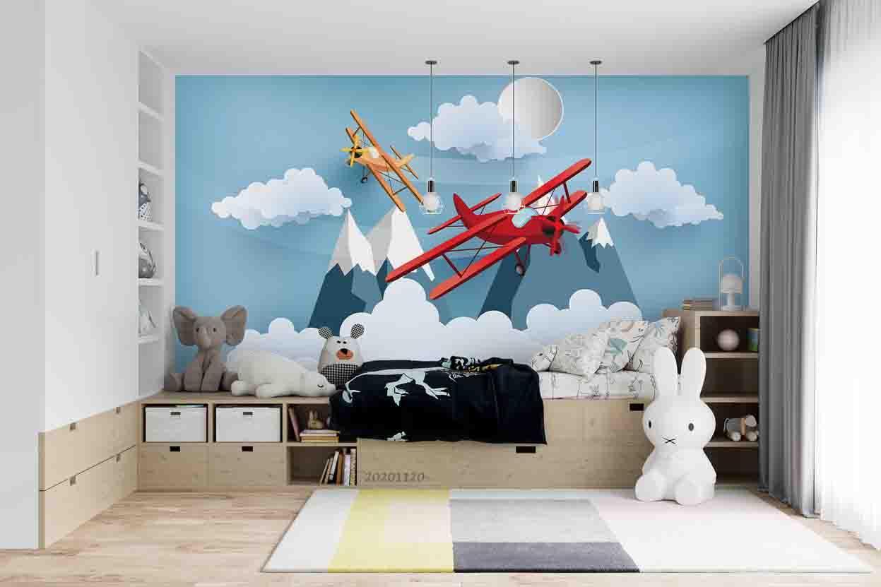 3D Cartoon Mountain Cloud Airplane Wall Mural Wallpaper LQH 292- Jess Art Decoration