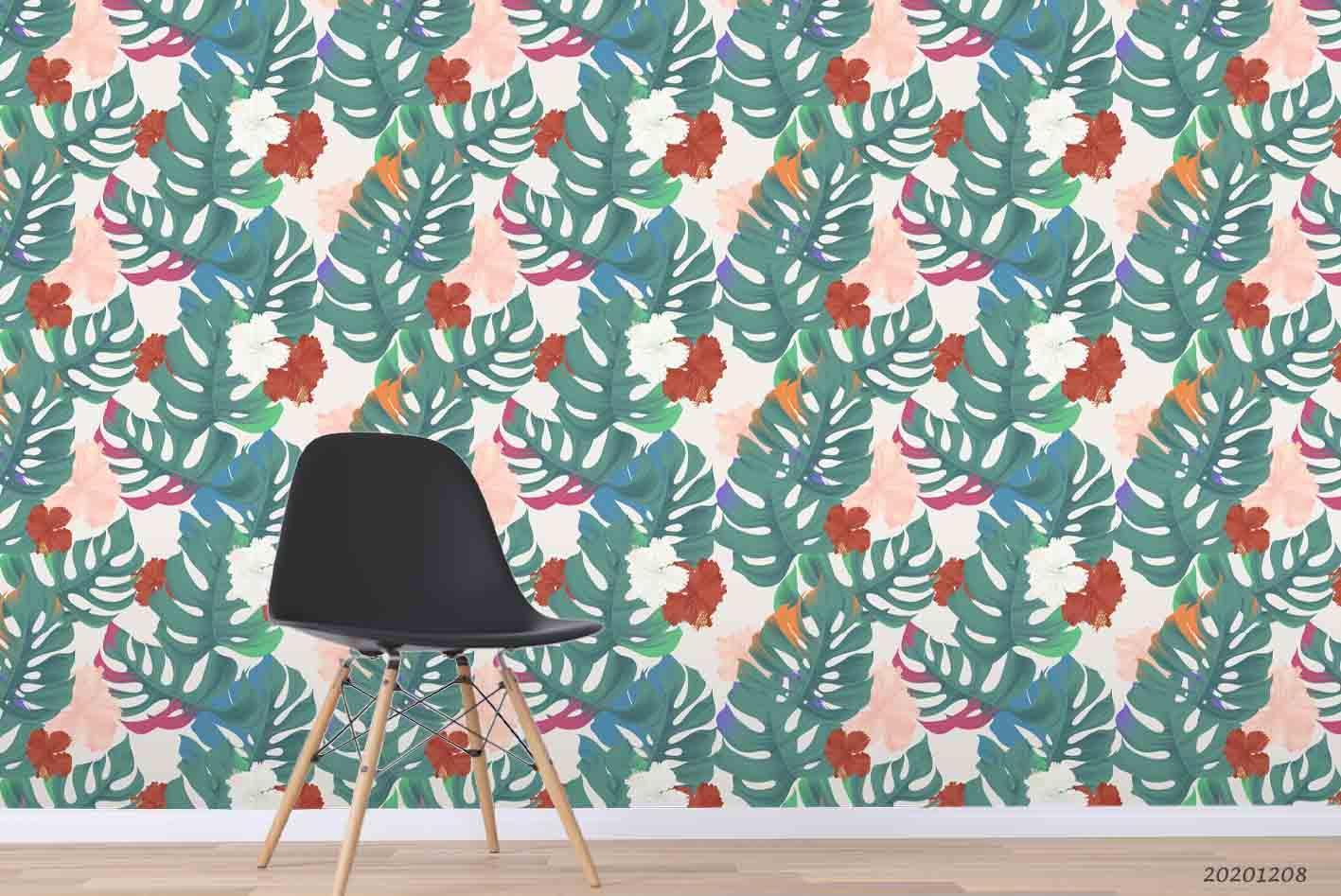 3D Hand Drawn Red Floral Green Palm Leaves Plant Pattern Wall Mural Wallpaper LXL- Jess Art Decoration