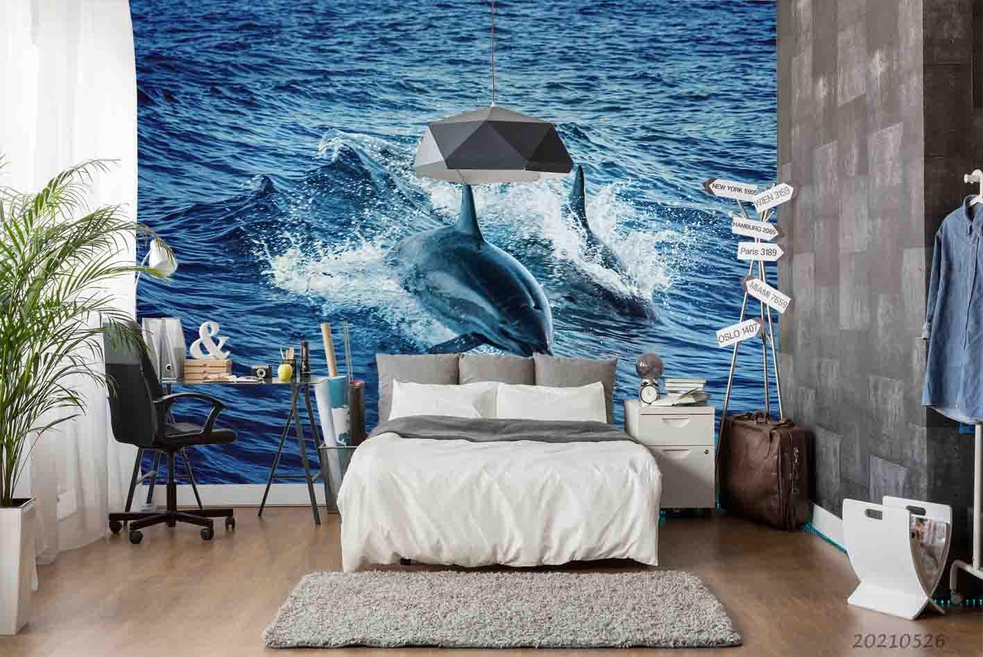 3D  Sea  Dolphin Wall Mural Wallpaper SWW439- Jess Art Decoration