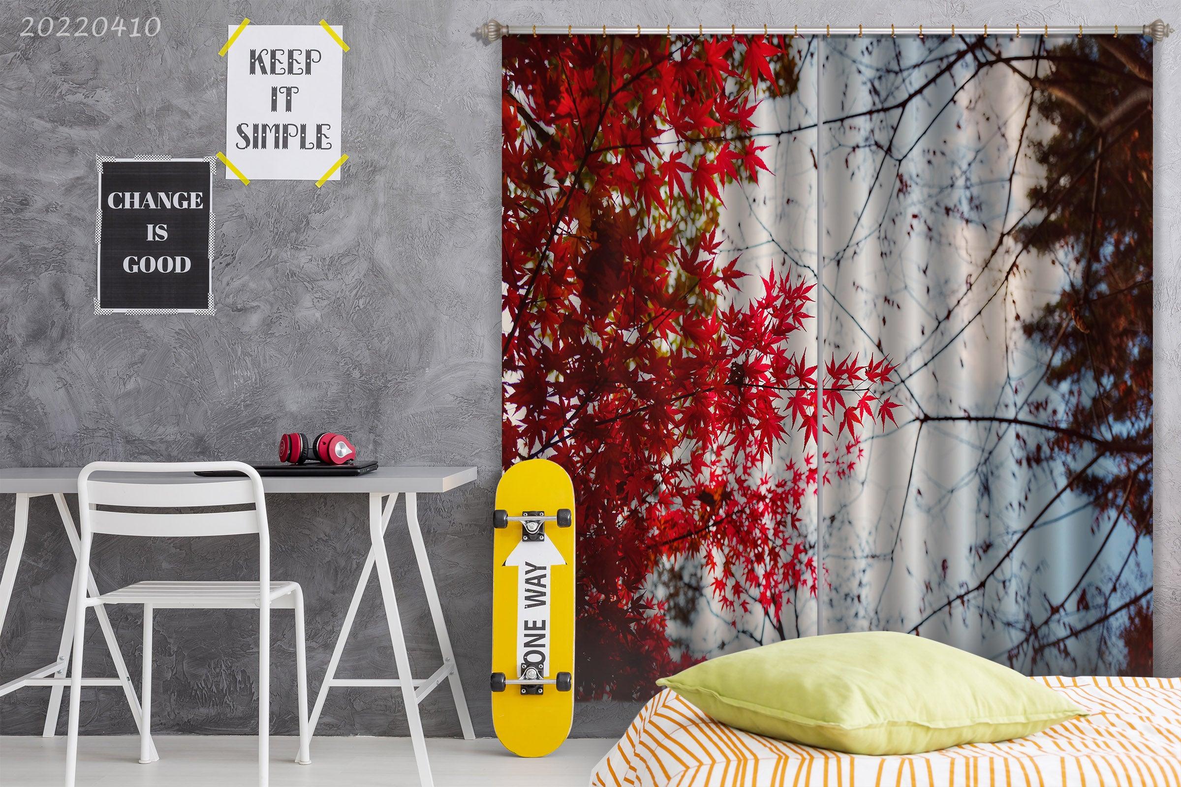 3D Autumn Red Maple Leaf Woods Branch Curtains and Drapes GD 3811- Jess Art Decoration