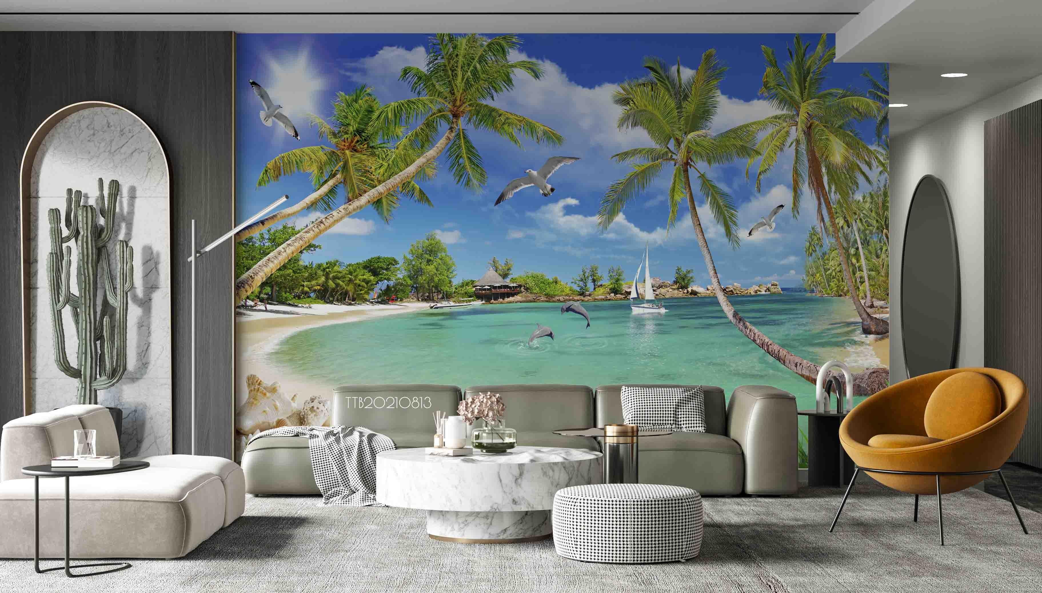 3D Tropics Coconut Trees Sea View Wall Mural Wallpaper 5119- Jess Art Decoration
