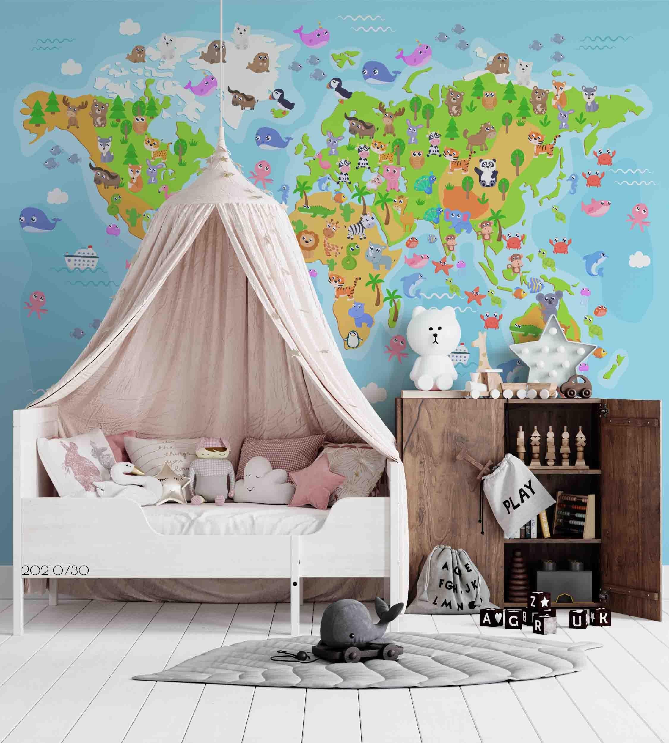 3D Animal Map World Cartoon Wall Mural Wallpaper SWW4452- Jess Art Decoration