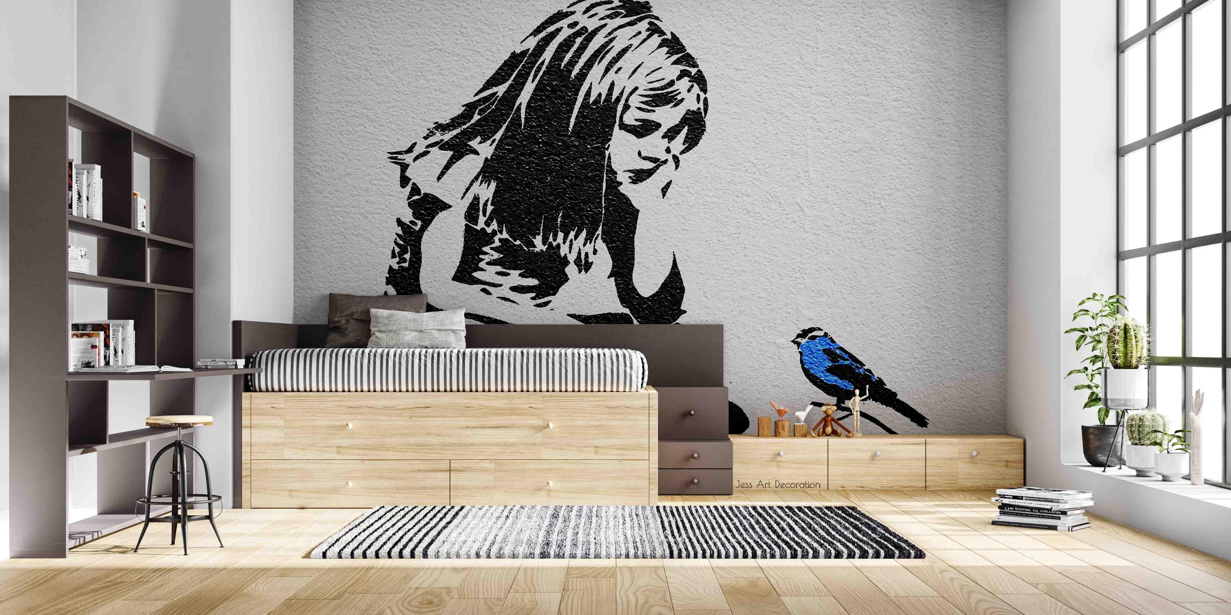3D Sketch Girl Bird black white sketch girl mural wall mural wallpaper for bedroom - view 3