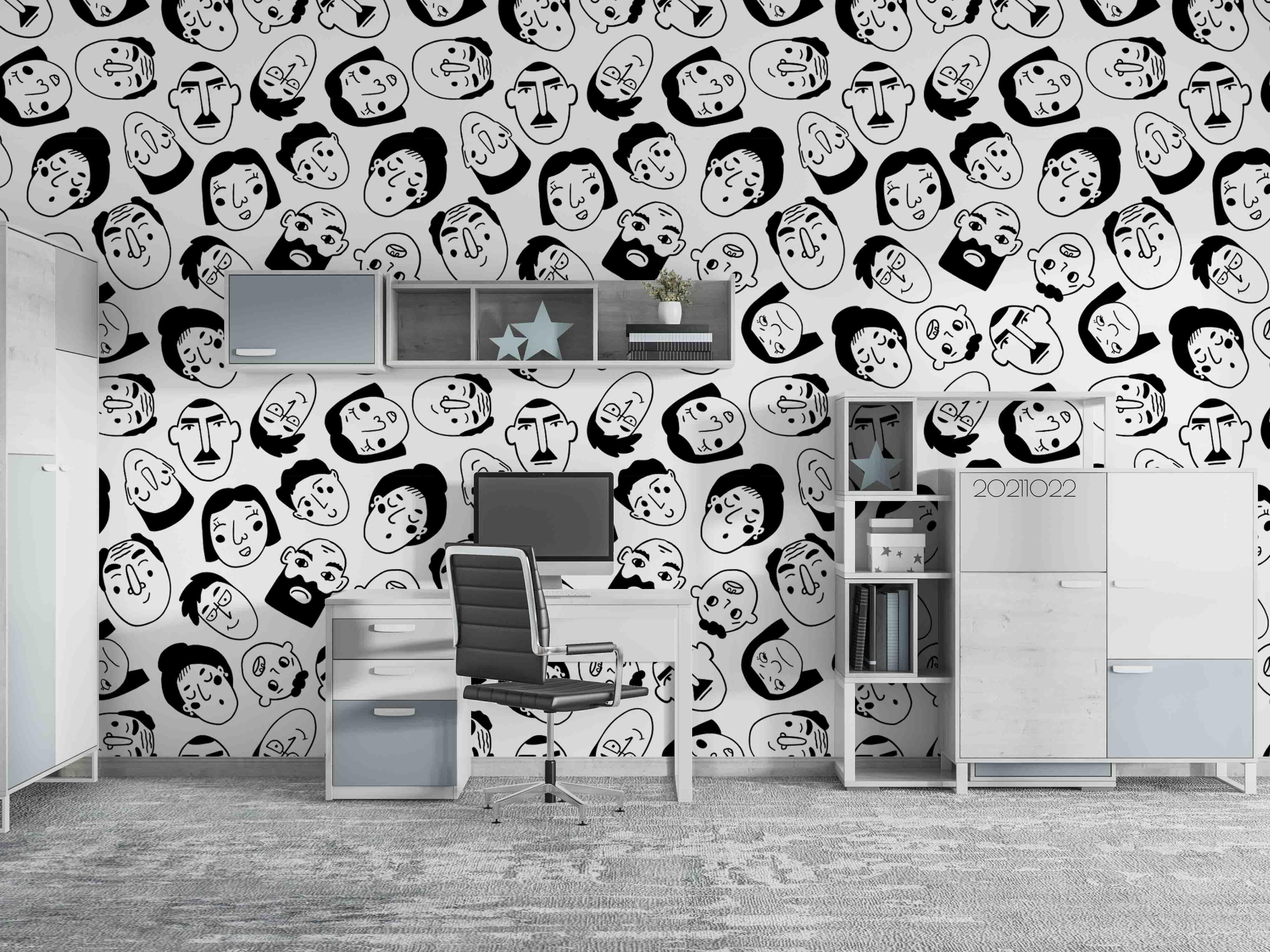 3D Avatar Face Pattern black white avatar face pattern wall mural wallpaper for office