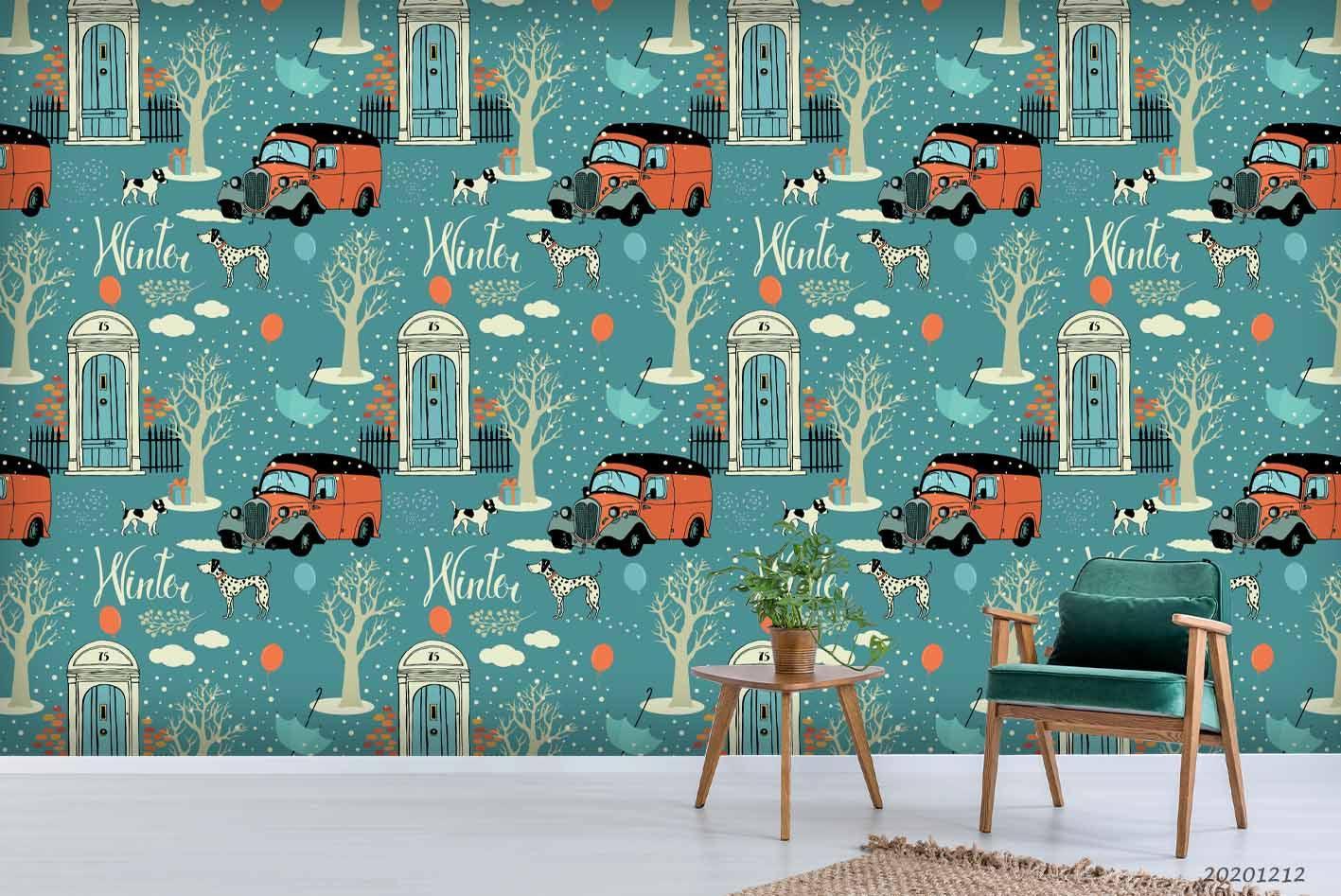 3D Cartoon Red Car Vehicle Door Tree Plant Pattern Wall Mural Wallpaper LXL- Jess Art Decoration