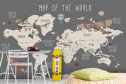 3D Gray World Map Airplane Wall Mural Wallpaper LQH 90- Jess Art Decoration